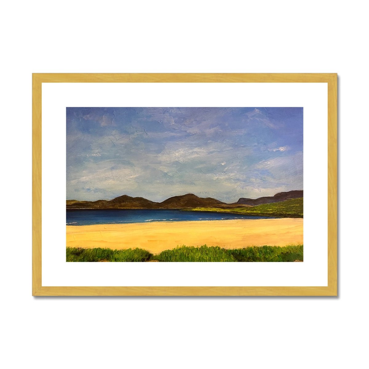 Luskentyre Beach Harris Painting | Antique Framed & Mounted Prints From Scotland-Antique Framed & Mounted Prints-Hebridean Islands Art Gallery-A2 Landscape-Gold Frame-Paintings, Prints, Homeware, Art Gifts From Scotland By Scottish Artist Kevin Hunter