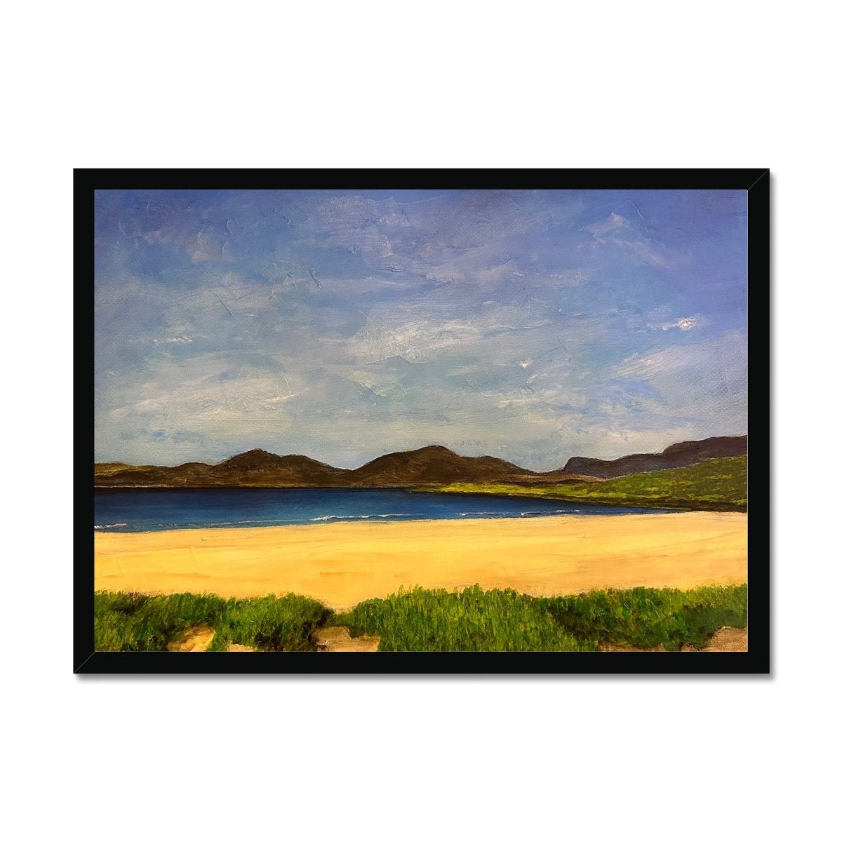 Luskentyre Beach Harris Painting | Framed Prints From Scotland-Framed Prints-Hebridean Islands Art Gallery-A2 Landscape-Black Frame-Paintings, Prints, Homeware, Art Gifts From Scotland By Scottish Artist Kevin Hunter