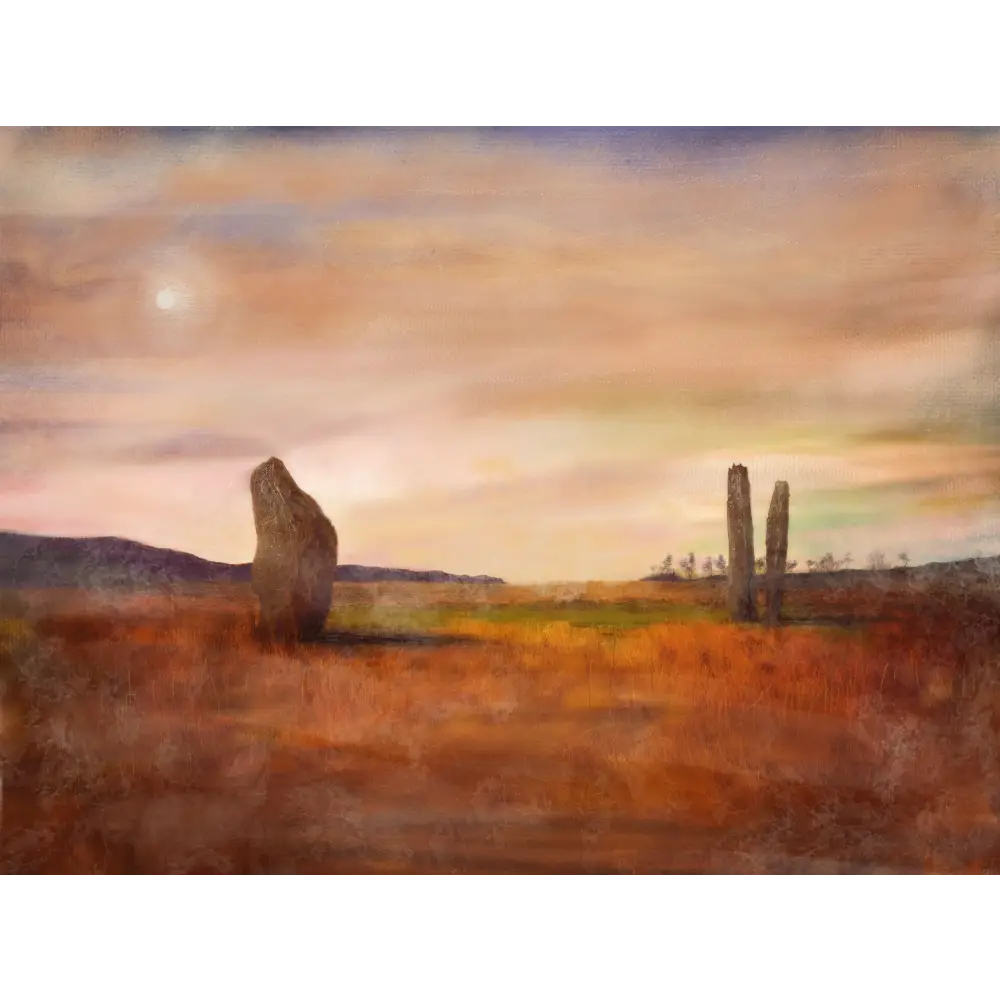 Machrie Moor Moonlight Scottish artist art prints featuring standing stones in a field