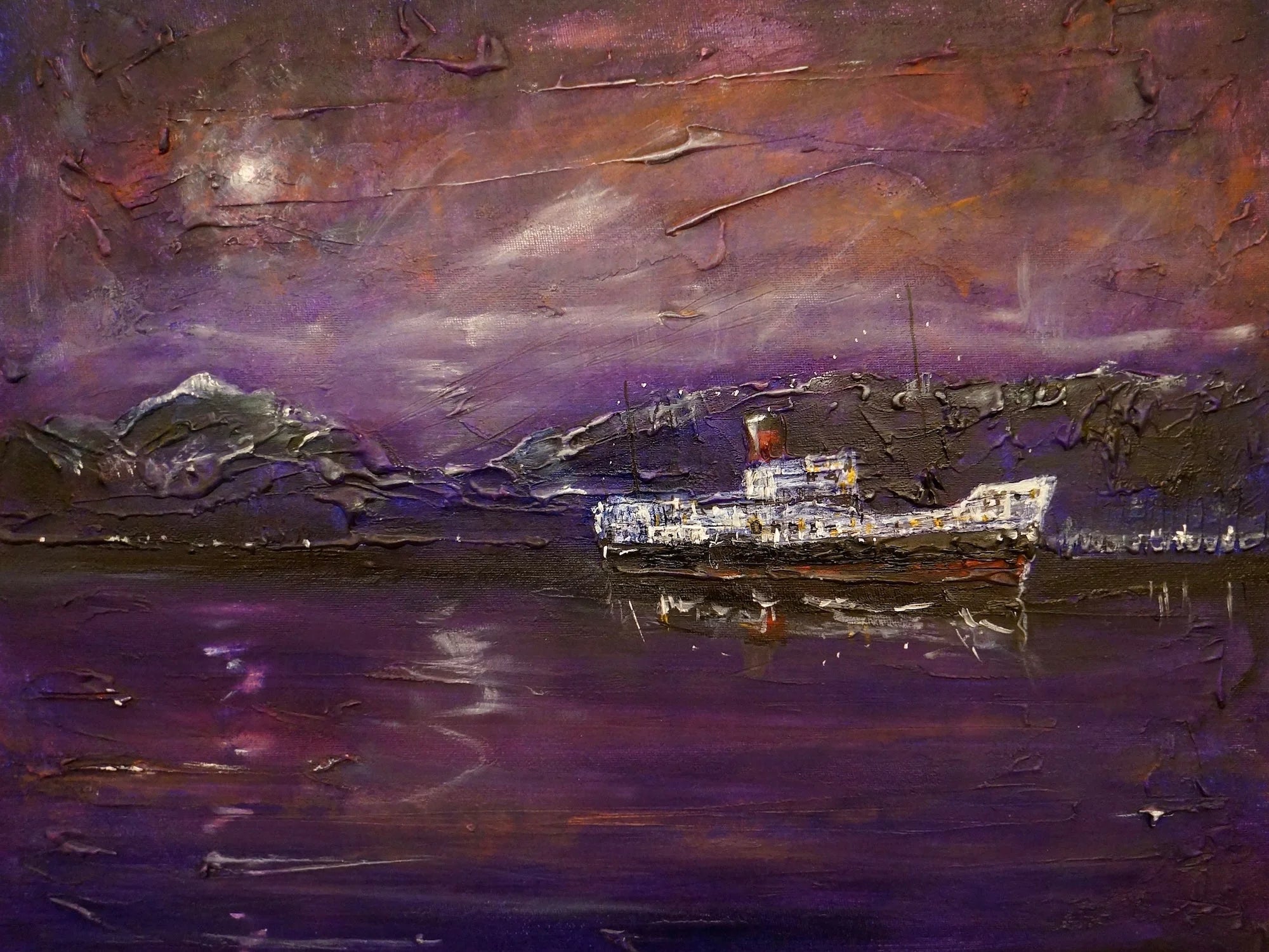 Maid of the Loch Moonlight - Lochs & Mountains Art Gallery Scotland Worldwide Shipping Vibrant Textured Oil Scottish and Paintings Prints