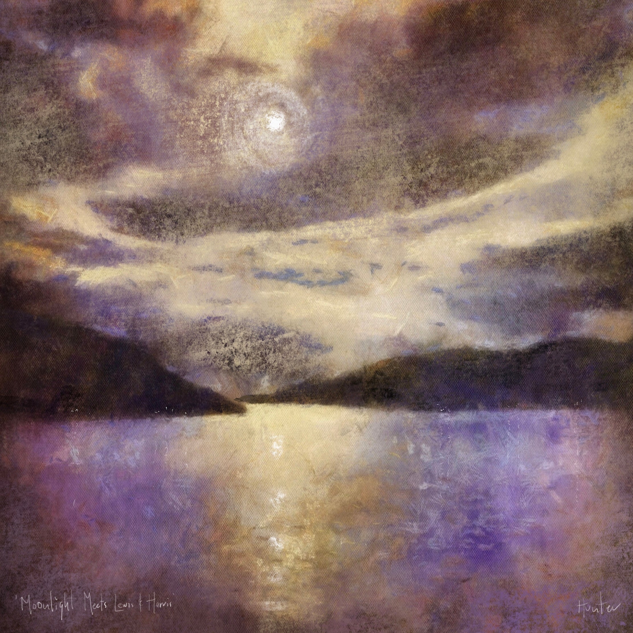 Moonlight Meets Lewis & Harris | Scotland In Your Pocket Art Print-Scotland In Your Pocket Framed Prints-Hebridean Islands Art Gallery-Mounted & Cello Bag: 12.5x12.5 cm-Black Frame-Paintings, Prints, Homeware, Art Gifts From Scotland By Scottish Artist Kevin Hunter