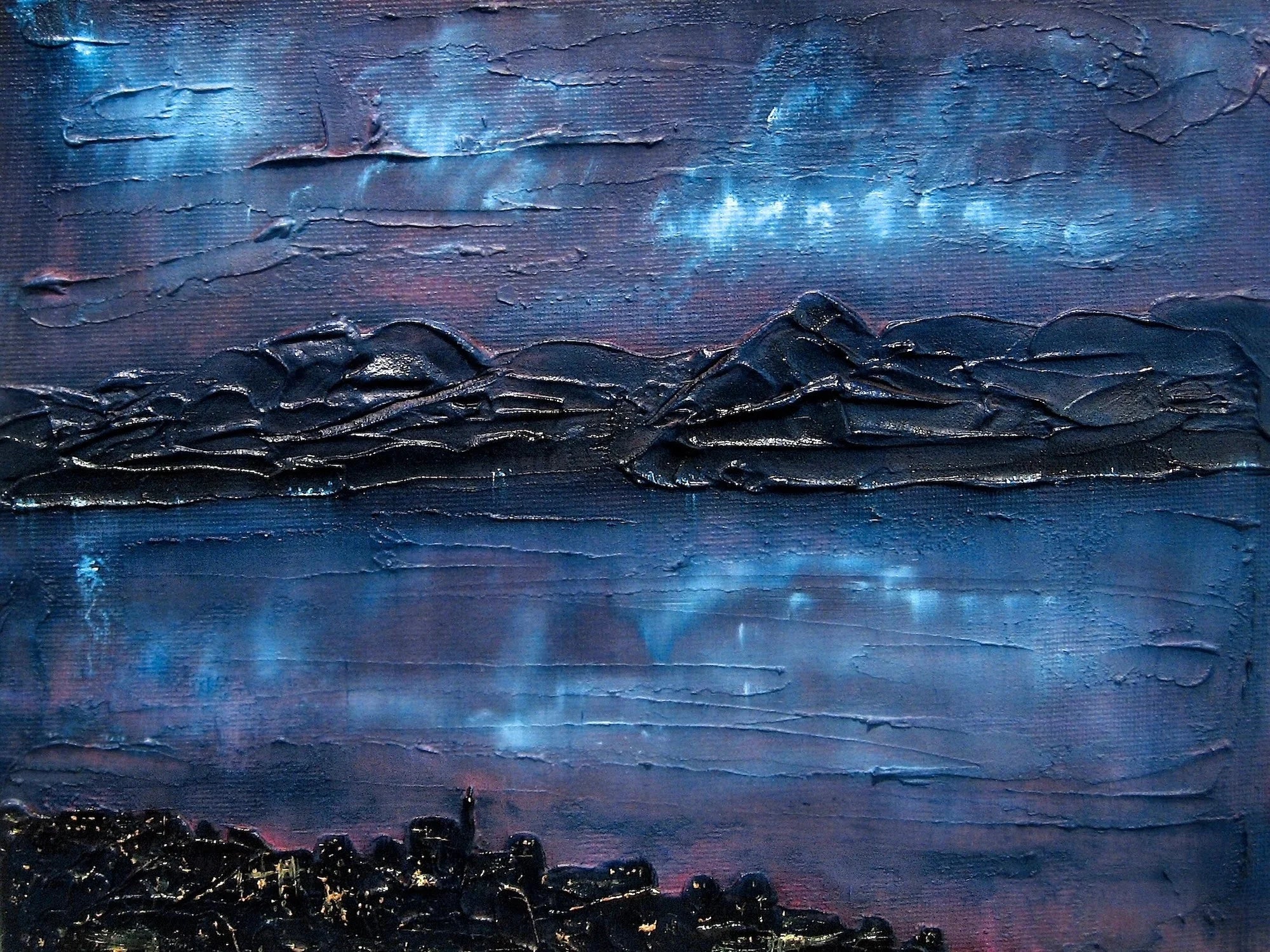 Moonlight Over Gourock - River Clyde Art Gallery Scotland Worldwide Shipping Textured Painting Nighttime Kevin Hunter Portfolio Giclee