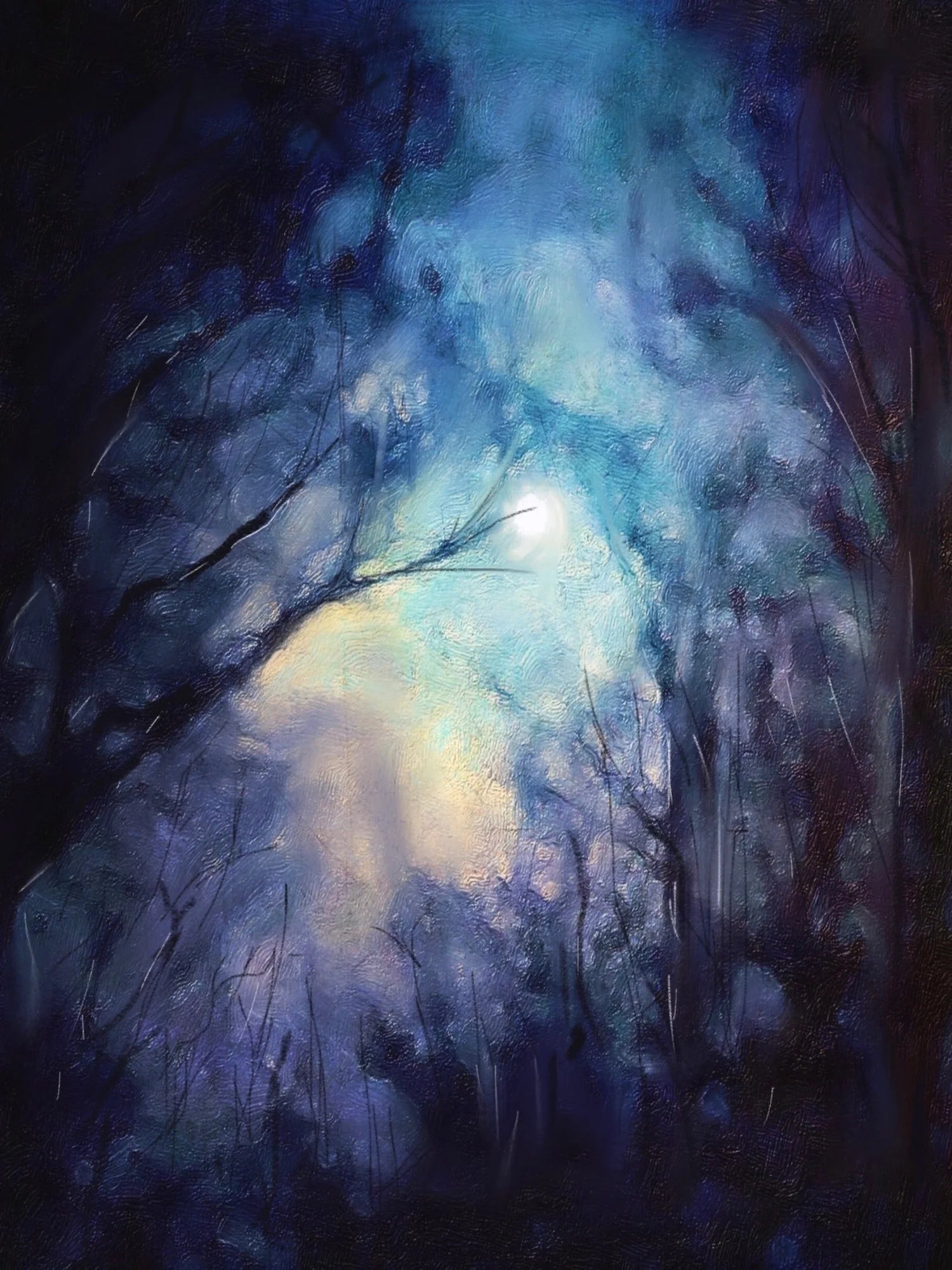 A Moonlit Highland Wood - Highlands & Lowlands Art Gallery Scotland Worldwide Shipping Impressionistic Night Forest Kevin Hunter Portfolio