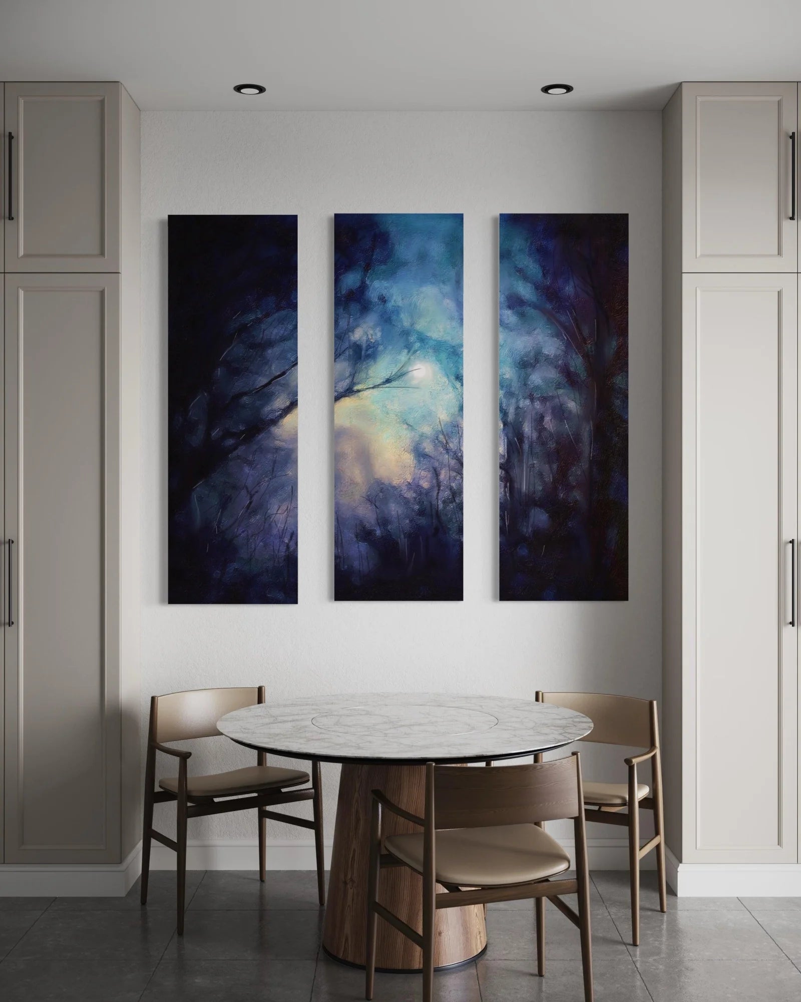 A Moonlit Highland Wood Triptych | Statement Interior Wall Art from Scotland - Highlands & Lowlands Gallery Worldwide Shipping Set Abstract