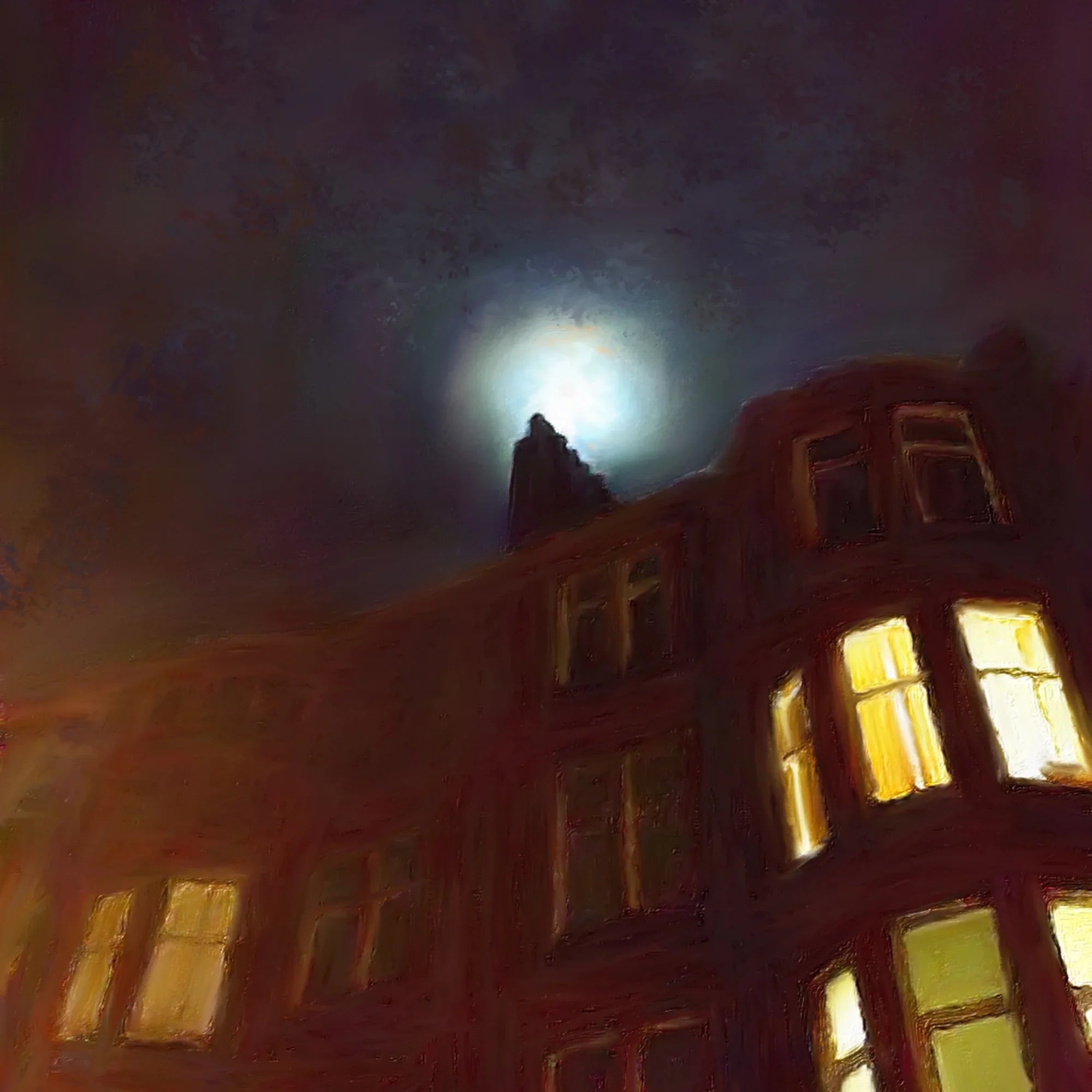 A Moonlit Tenement | Scotland in your Pocket - Edinburgh & Glasgow Art Gallery Worldwide Shipping Illuminated Windows Bright Scottish