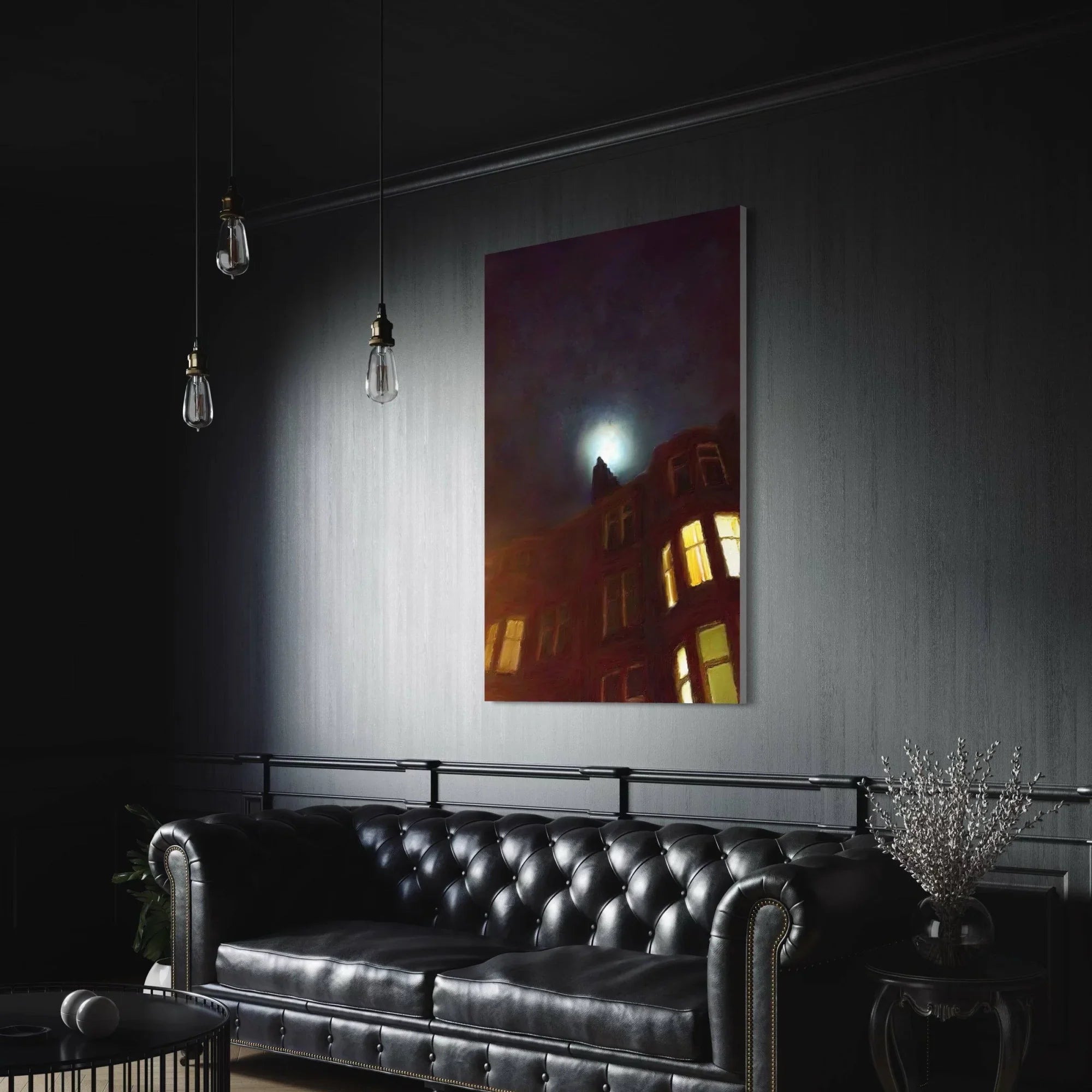 A Moonlit Tenement | Statement Interior Wall Art from Scotland - Edinburgh & Glasgow Gallery Worldwide Shipping Black Tufted Leather