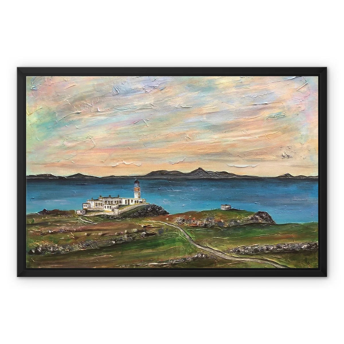 Neist Point Lighthouse Skye Framed Canvas - Art Gallery Scotland Worldwide Shipping Scottish Landscape Paintings and Prints by Artist Hunter