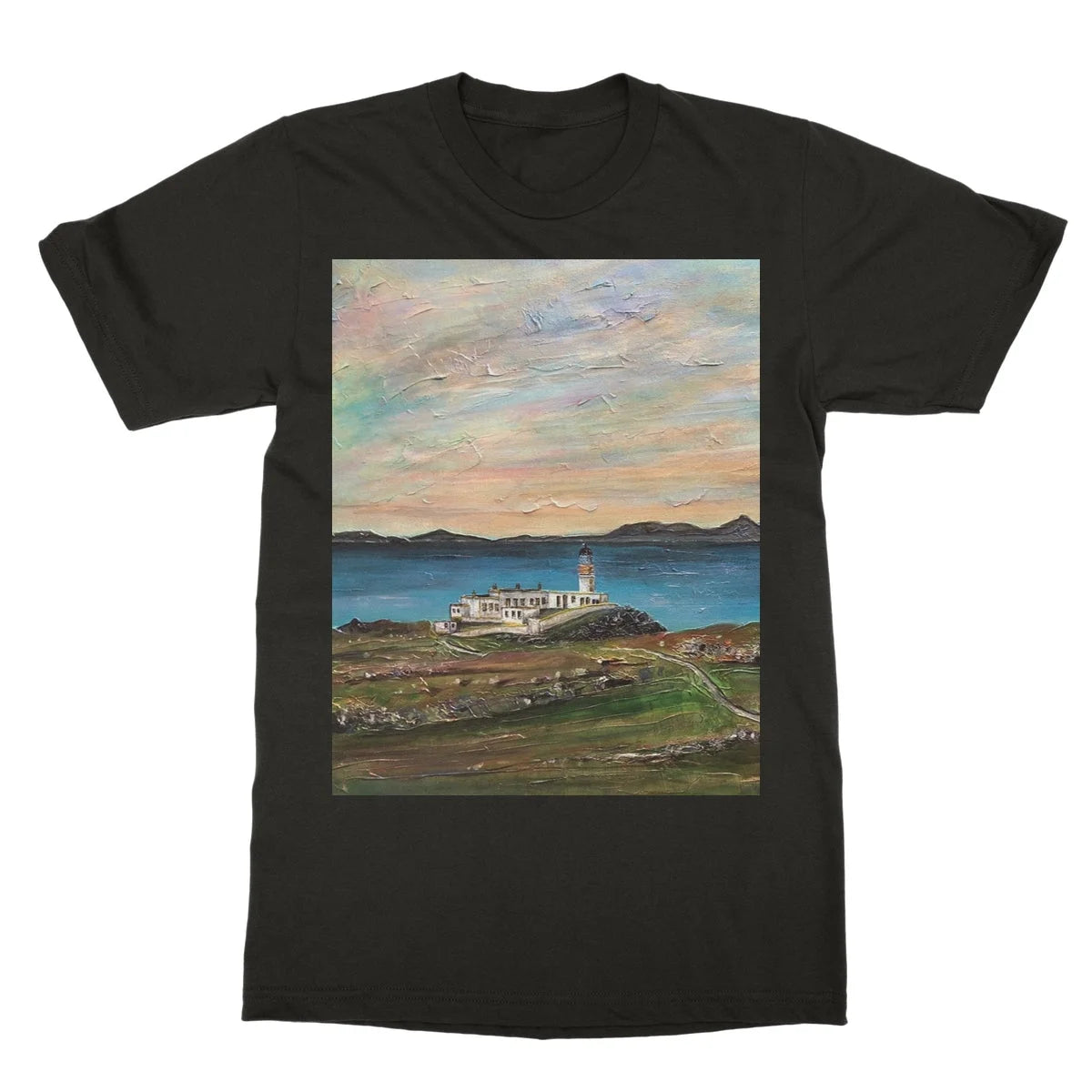 Neist Point Lighthouse Skye Softstyle T-shirt - Art Gallery Scotland Worldwide Shipping Scottish Landscape Paintings and Prints