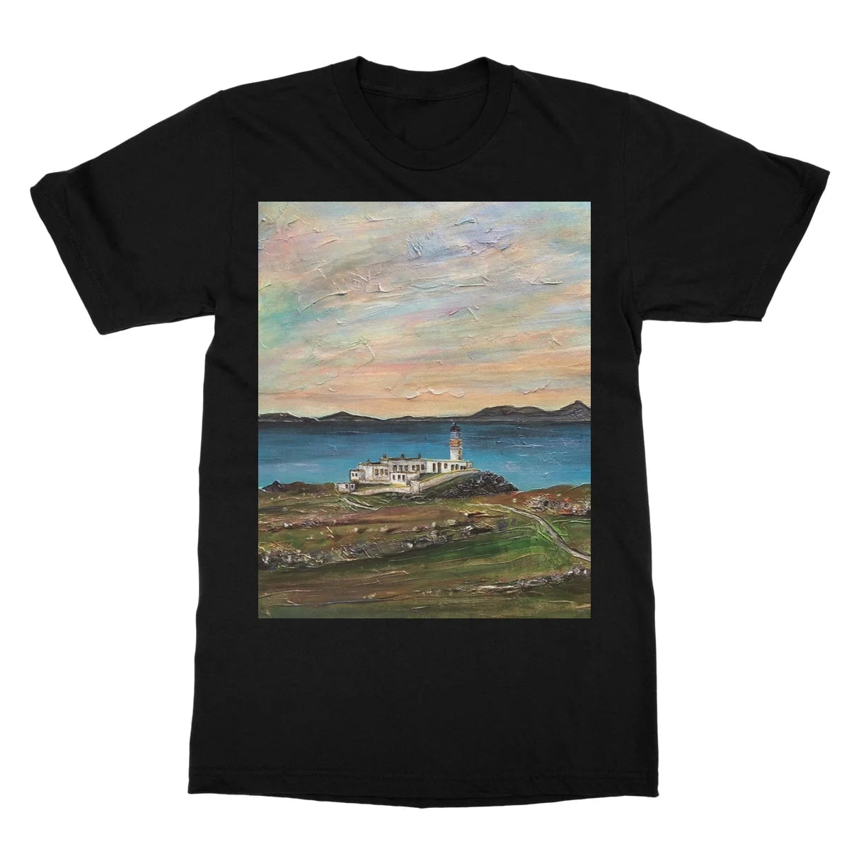 Neist Point Lighthouse Skye Softstyle T-shirt - Art Gallery Scotland Worldwide Shipping Scottish Landscape Paintings and Prints