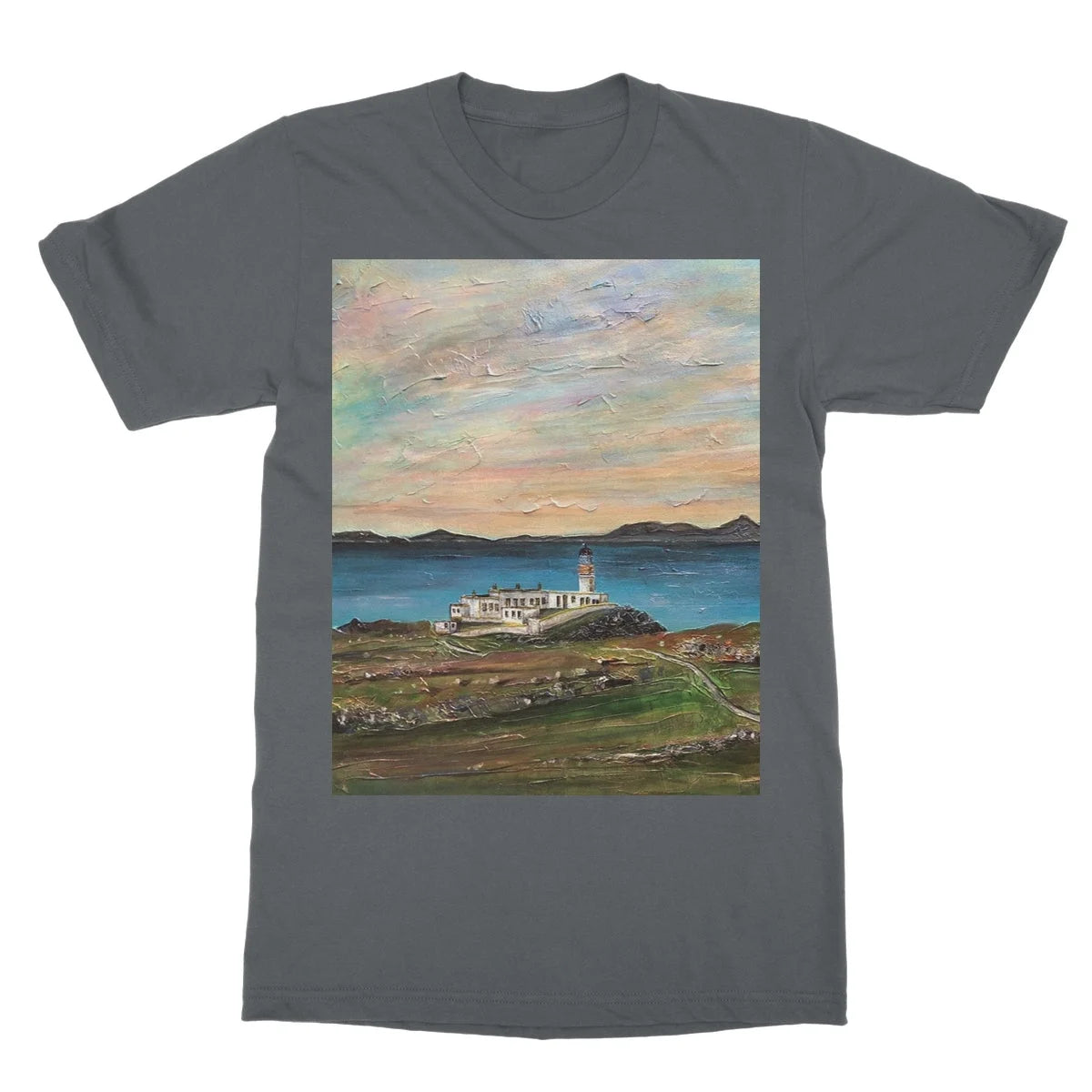 Neist Point Lighthouse Skye Softstyle T-shirt - Art Gallery Scotland Worldwide Shipping Scottish Landscape Paintings and Prints