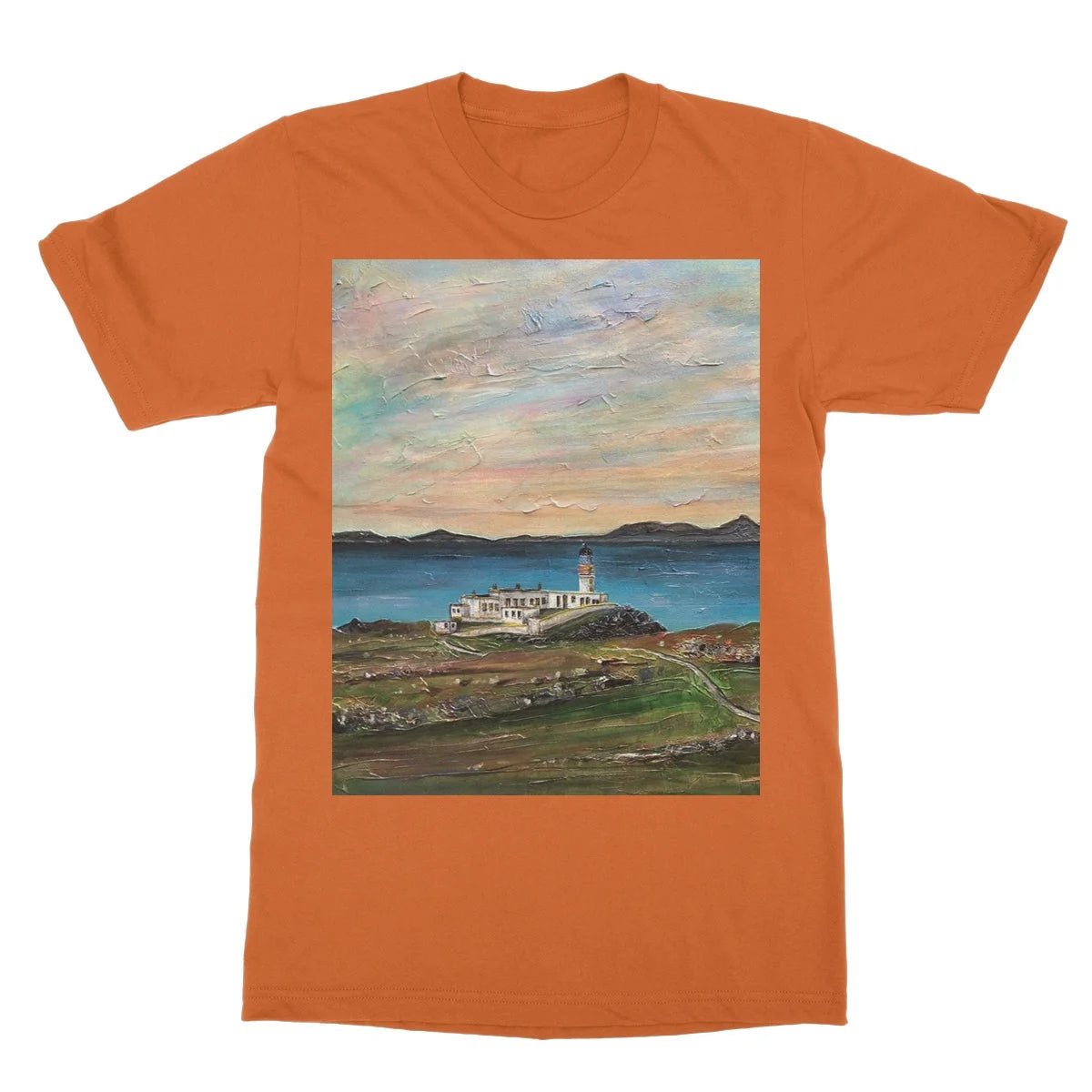 Neist Point Lighthouse Skye Softstyle T-shirt - Art Gallery Scotland Worldwide Shipping Scottish Landscape Paintings and Prints