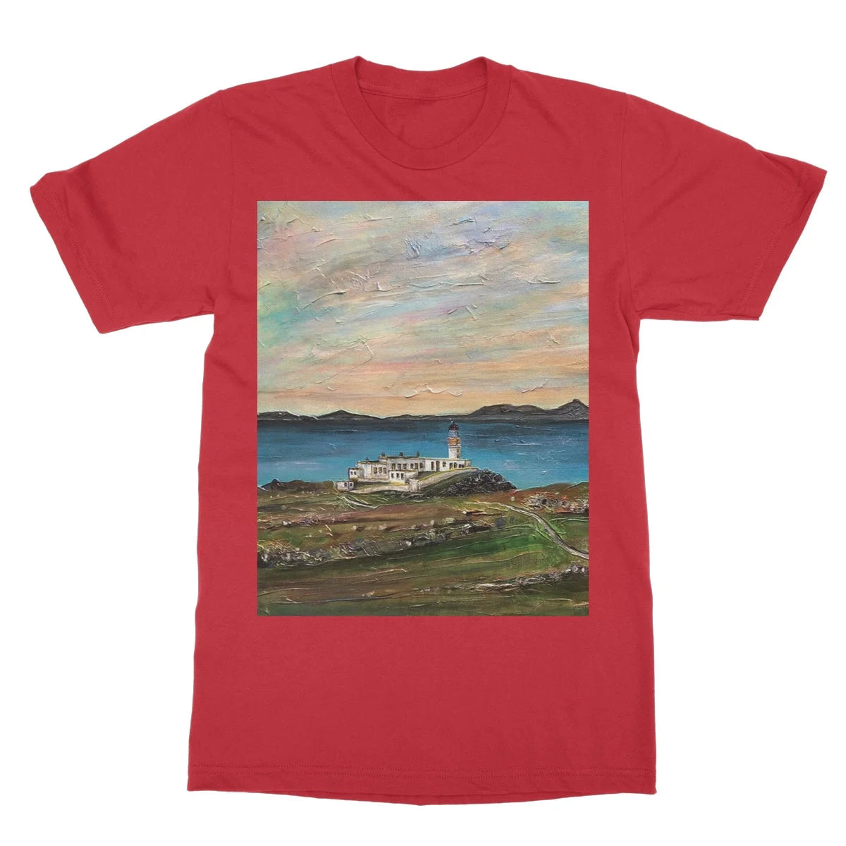 Neist Point Lighthouse Skye Softstyle T-shirt - Art Gallery Scotland Worldwide Shipping Scottish Landscape Paintings and Prints