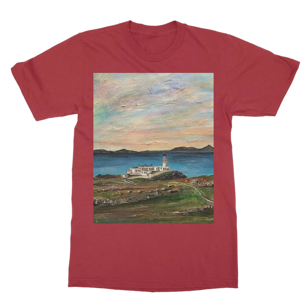 Neist Point Lighthouse Skye Softstyle T-shirt - Art Gallery Scotland Worldwide Shipping Scottish Landscape Paintings and Prints