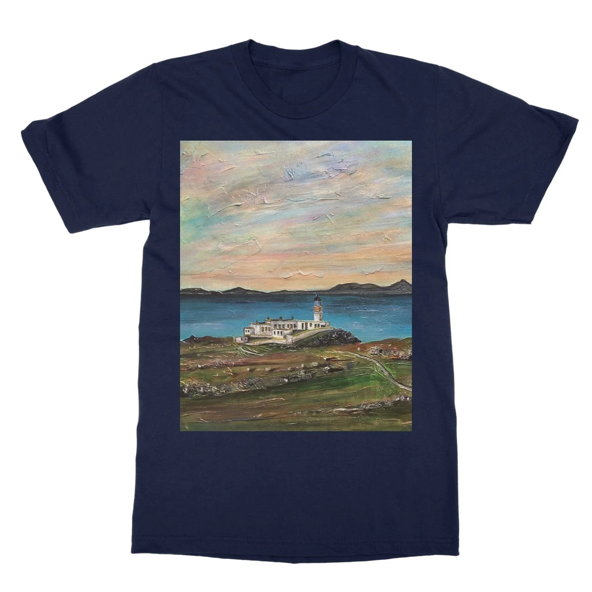 Neist Point Lighthouse Skye Softstyle T-shirt - Art Gallery Scotland Worldwide Shipping Scottish Landscape Paintings and Prints