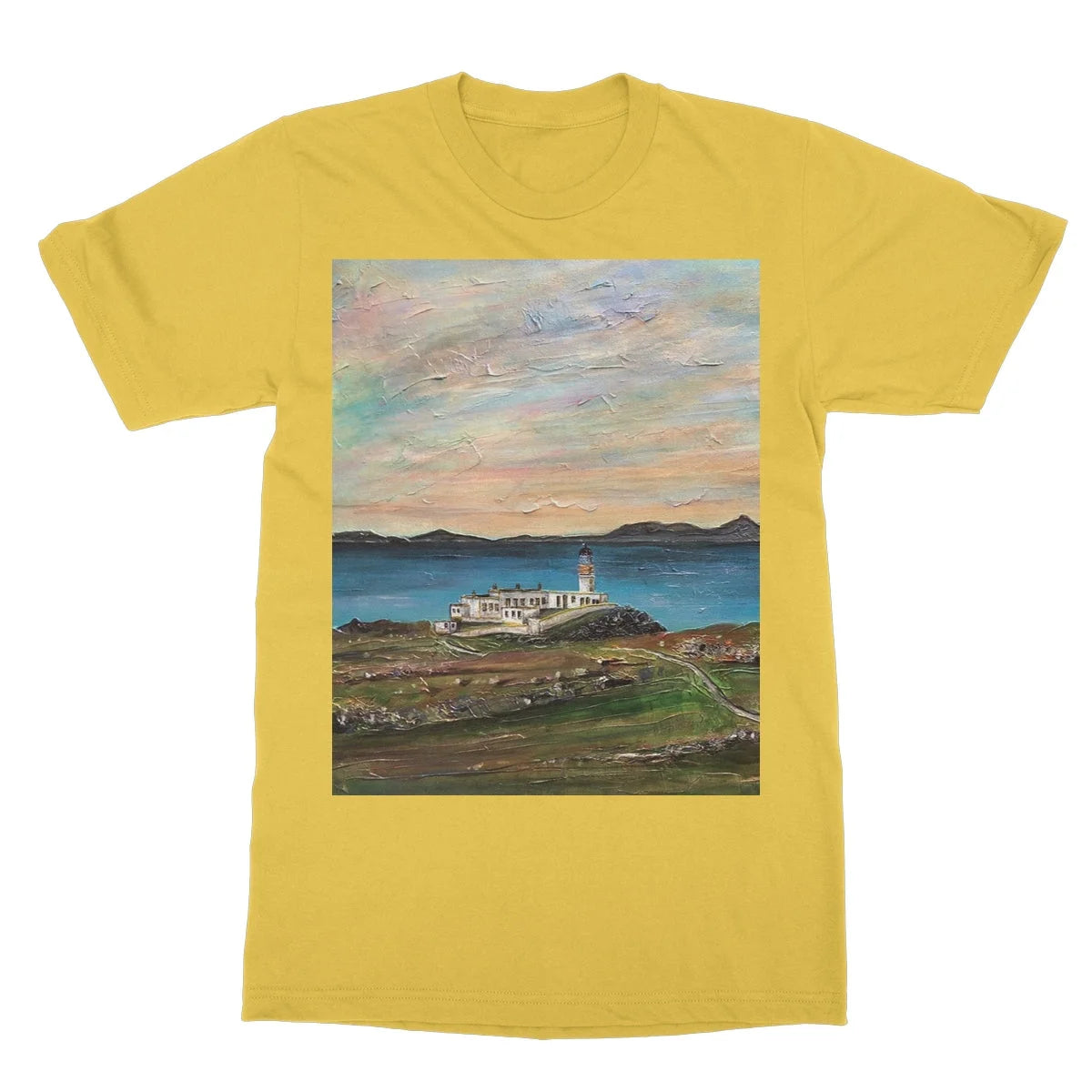 Neist Point Lighthouse Skye Softstyle T-shirt - Art Gallery Scotland Worldwide Shipping Scottish Landscape Paintings and Prints