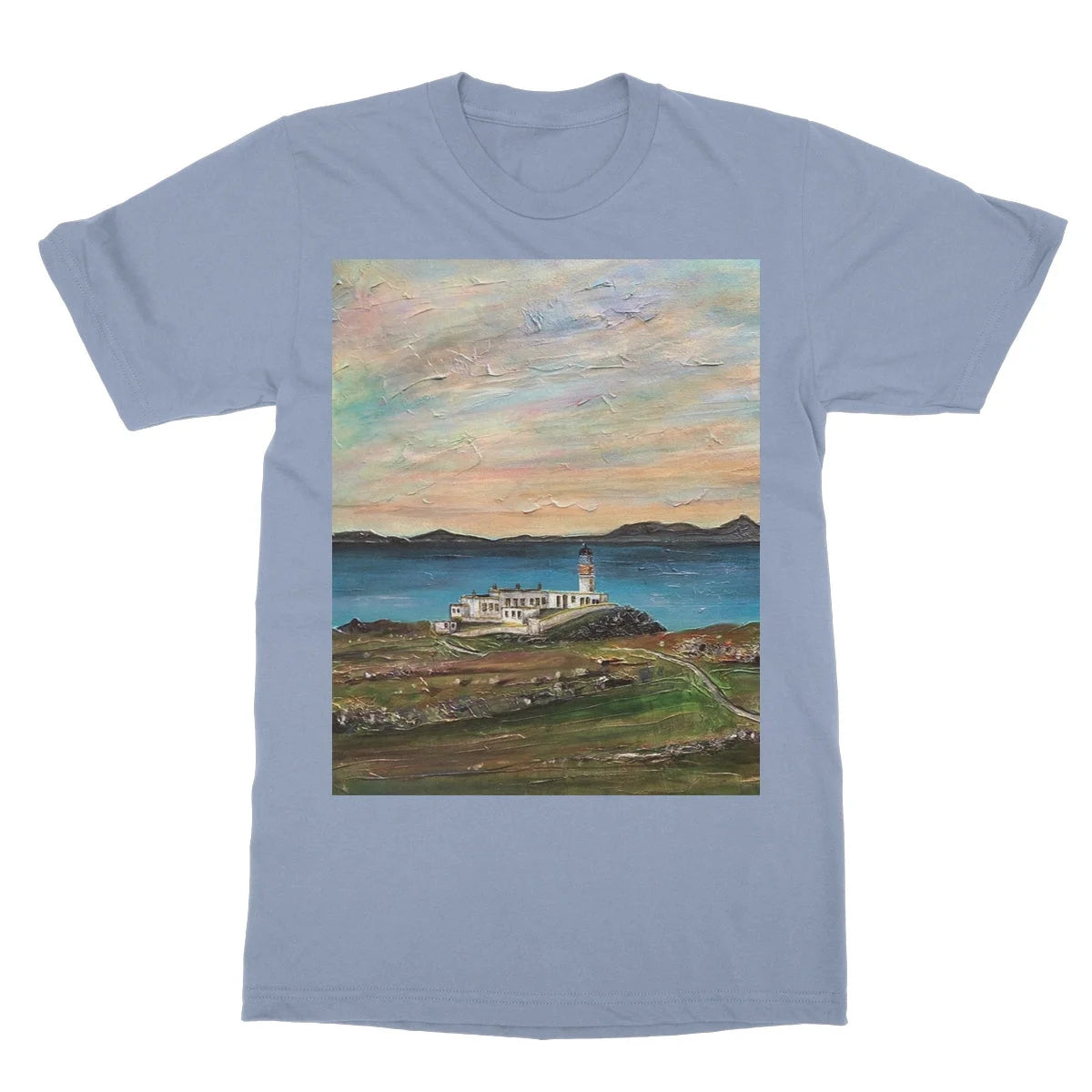 Neist Point Lighthouse Skye Softstyle T-shirt - Art Gallery Scotland Worldwide Shipping Scottish Landscape Paintings and Prints