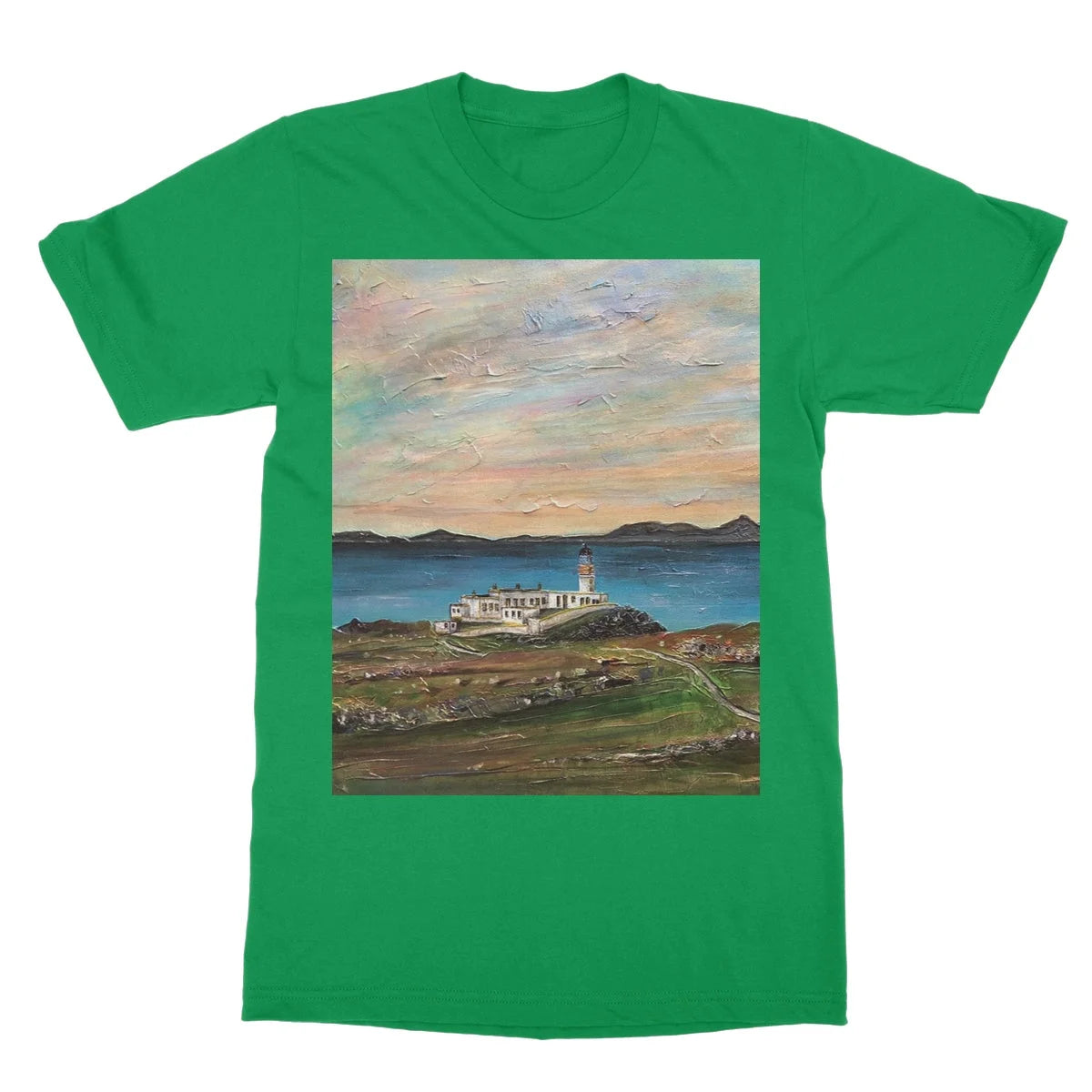 Neist Point Lighthouse Skye Softstyle T-shirt - Art Gallery Scotland Worldwide Shipping Scottish Landscape Paintings and Prints