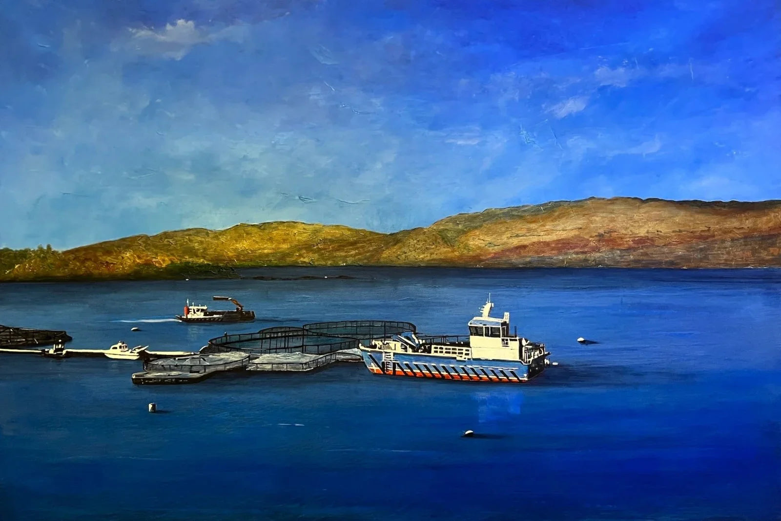 Commission Original Landscape Paintings of Scotland - Scottish Artist Kevin Hunter Worldwide Shipping Blue White Workboat by Painting