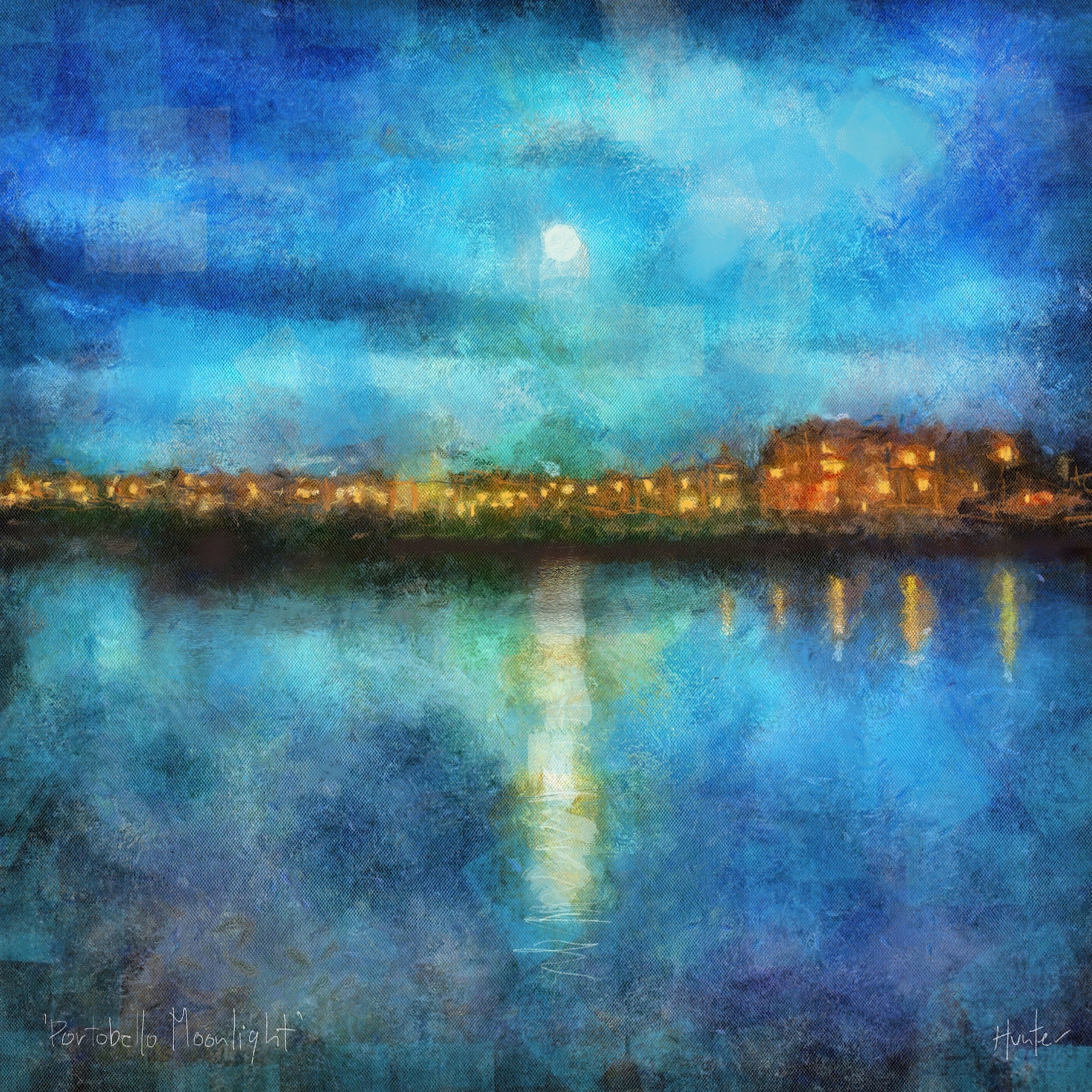 Portobello Moonlight | Scotland In Your Pocket Art Print-Scotland In Your Pocket Framed Prints-Edinburgh & Glasgow Art Gallery-Mounted & Cello Bag: 12.5x12.5 cm-Black Frame-Paintings, Prints, Homeware, Art Gifts From Scotland By Scottish Artist Kevin Hunter