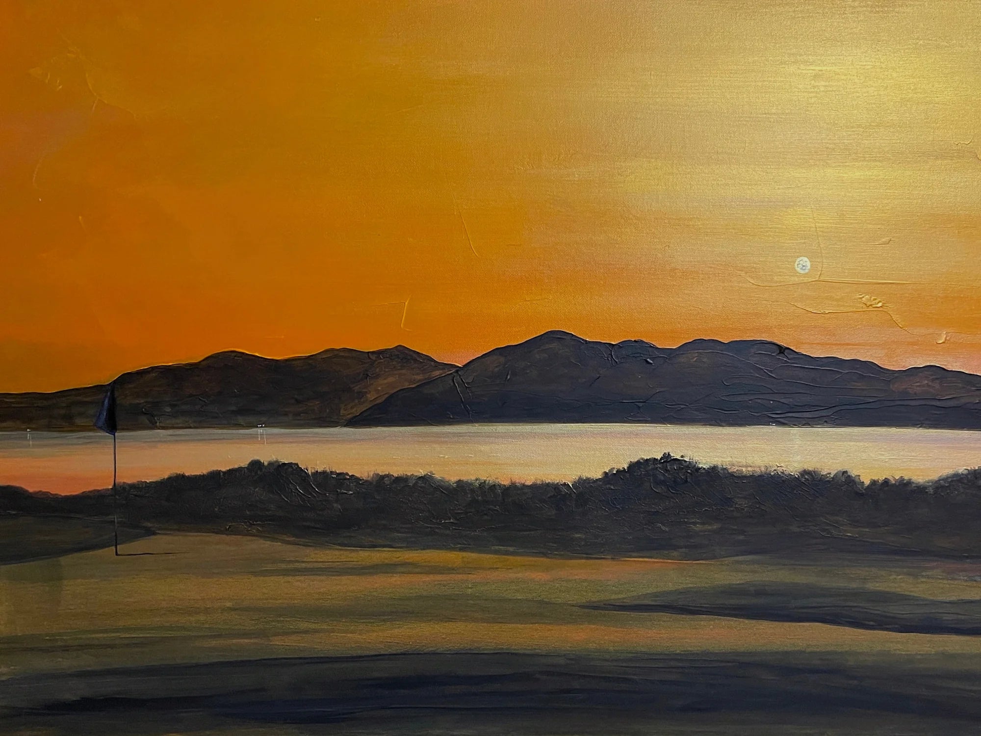 Royal Troon Golf Course 5th Green Sunset - Arran Art Gallery Scotland Worldwide Shipping Sunset Golf Painting Kevin Hunter Portfolio Giclee