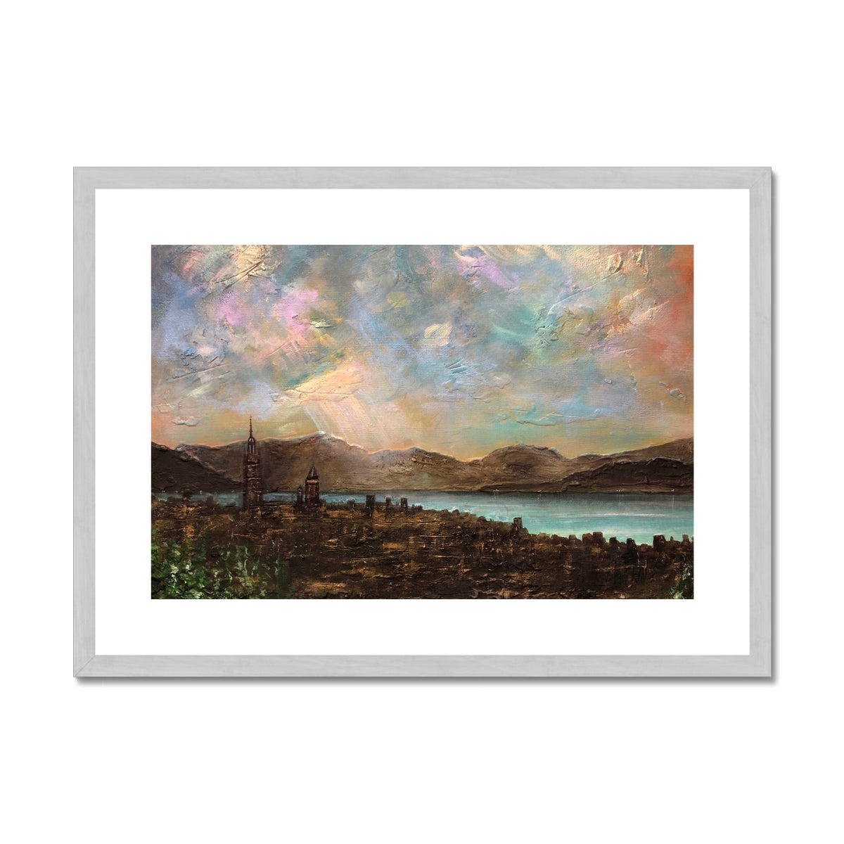 Scottish Paintings - ' Angels Fingers Over Greenock ' Antique Framed & Mounted Print