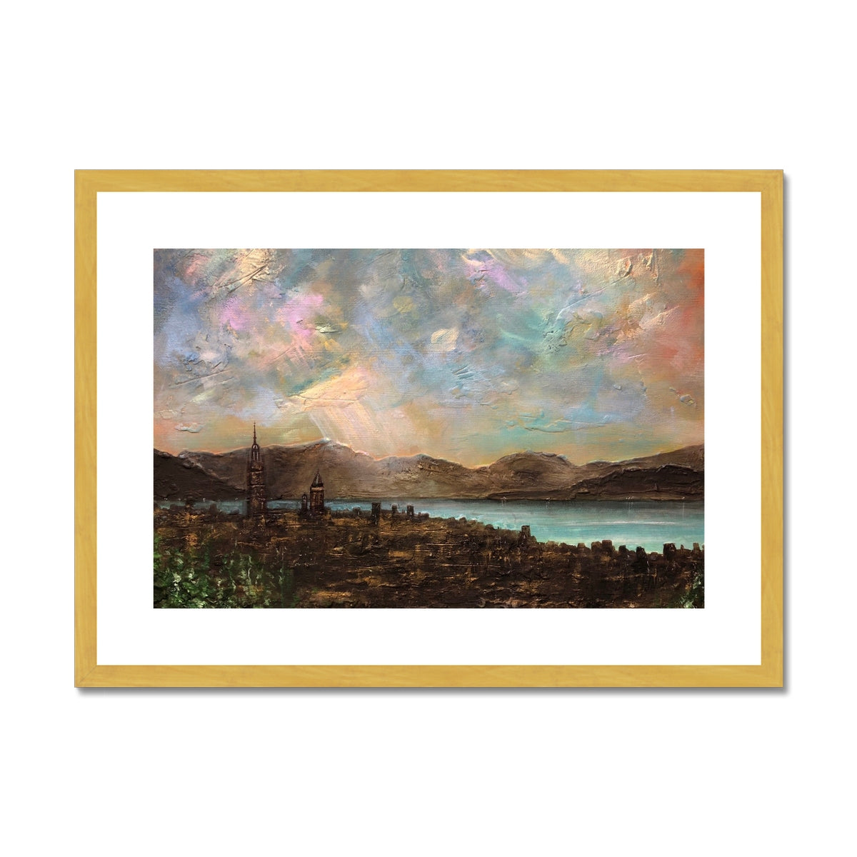 Scottish Paintings - ' Angels Fingers Over Greenock ' Antique Framed & Mounted Print