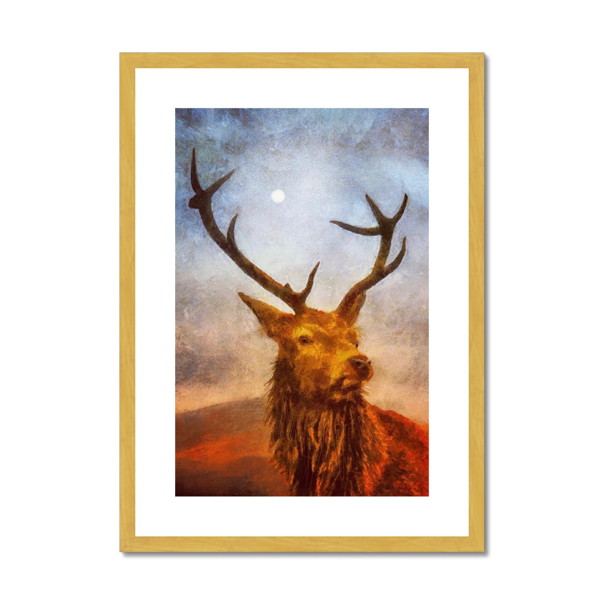 Scottish Paintings - ' The Moonlit Stag ' Antique Framed & Mounted Print