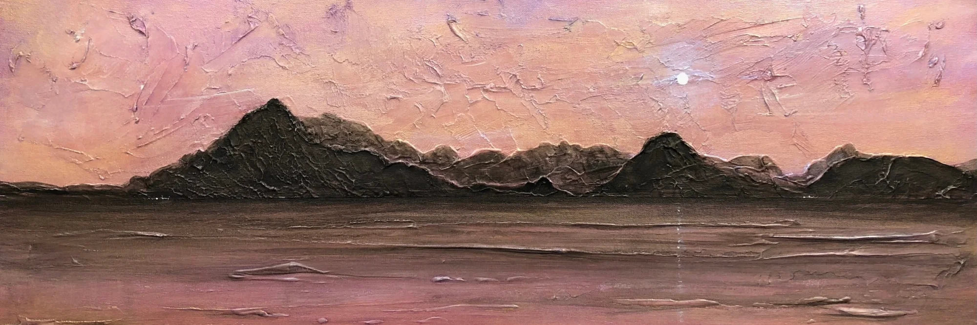 Skye Cuillin Moonset Original Panoramic Painting on Canvas - Art Gallery Scotland Worldwide Shipping Paintings and Prints by Artist Hunter