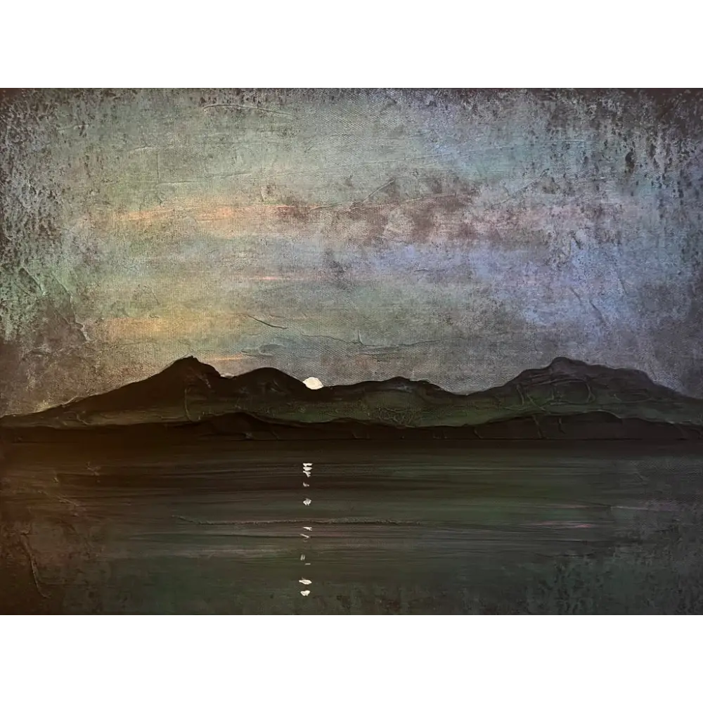 Dark landscape painting with moonlight from Sleeping Warrior Moonlight Arran Scottish artist art prints