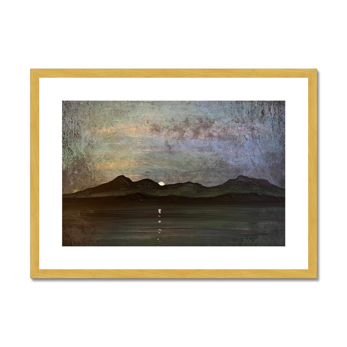 Sleeping Warrior Moonlight Arran Painting | Antique Framed & Mounted Prints From Scotland-Antique Framed & Mounted Prints-Arran Art Gallery-A2 Landscape-Gold Frame-Paintings, Prints, Homeware, Art Gifts From Scotland By Scottish Artist Kevin Hunter