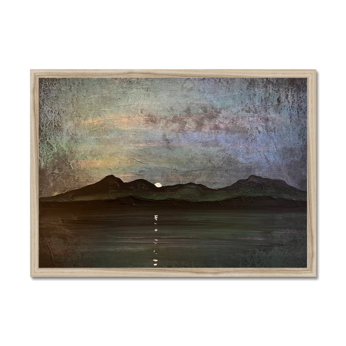 Sleeping Warrior Moonlight Arran Painting | Framed Prints From Scotland-Framed Prints-Arran Art Gallery-A2 Landscape-Natural Frame-Paintings, Prints, Homeware, Art Gifts From Scotland By Scottish Artist Kevin Hunter