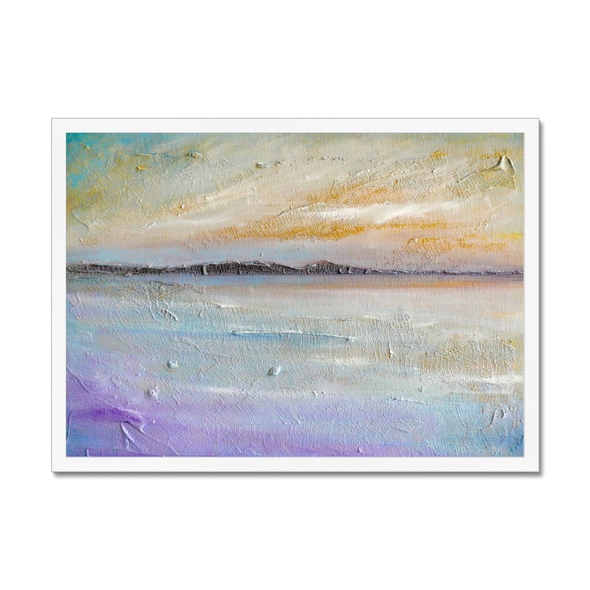Sollas Beach North Uist Painting | Framed Prints From Scotland-Framed Prints-Hebridean Islands Art Gallery-A2 Landscape-White Frame-Paintings, Prints, Homeware, Art Gifts From Scotland By Scottish Artist Kevin Hunter