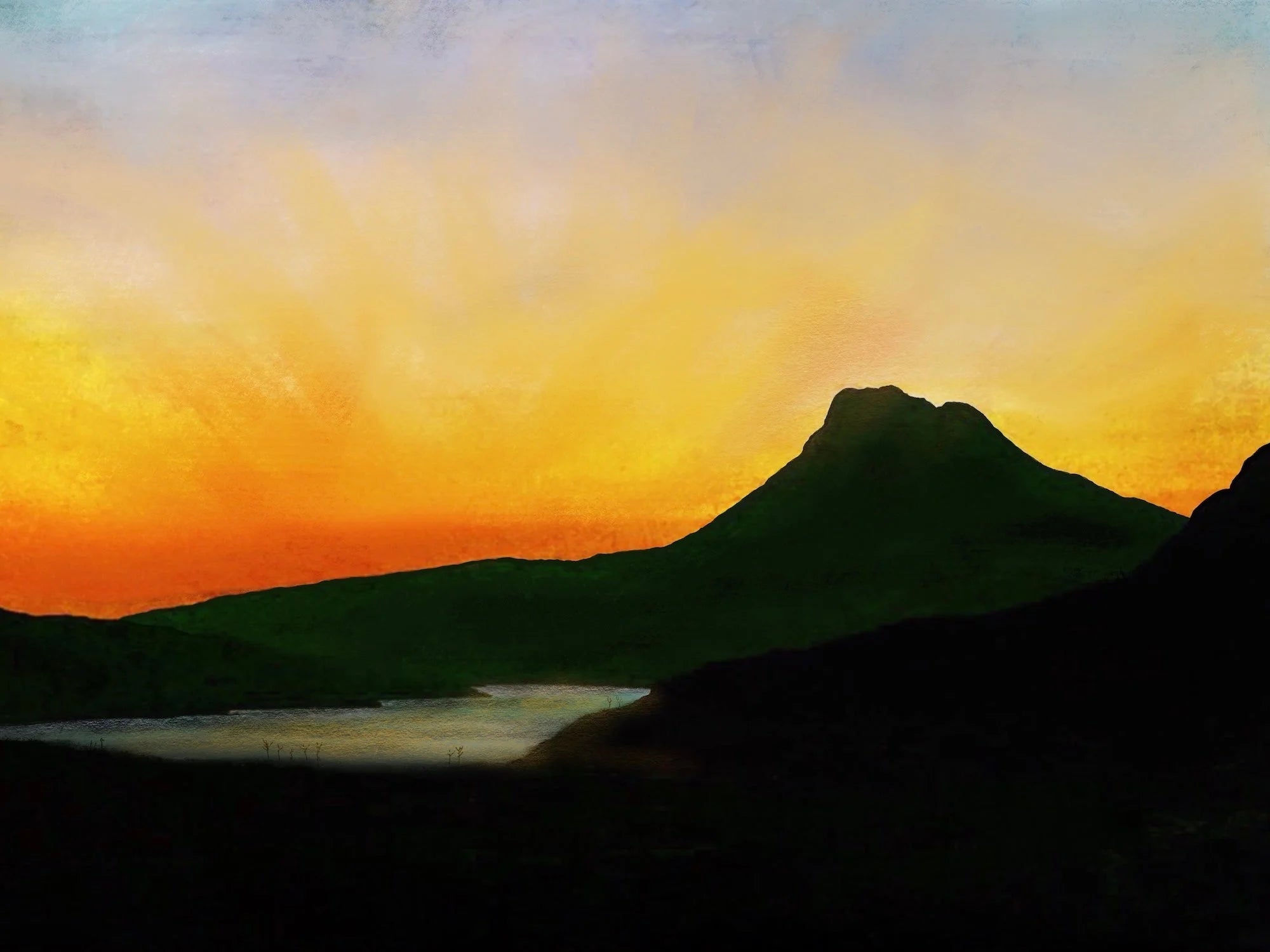 Stac Pollaidh Dusk - Lochs & Mountains Art Gallery Scotland Worldwide Shipping Vibrant Painting Mountainous Kevin Hunter Portfolio Giclee