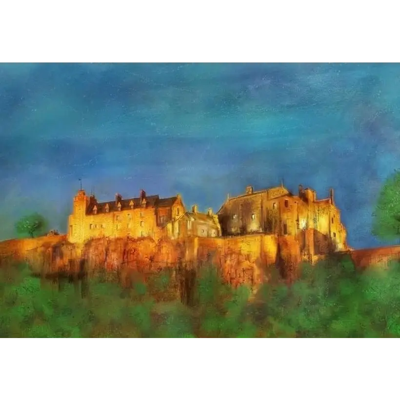 Illuminated Stirling Castle art print from Scottish artist featuring the iconic Stirling Castle atop a rocky hill