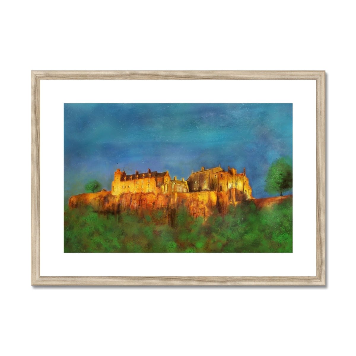 Stirling Castle Painting | Framed & Mounted Prints From Scotland-Framed & Mounted Prints-Historic & Iconic Scotland Art Gallery-A2 Landscape-Natural Frame-Paintings, Prints, Homeware, Art Gifts From Scotland By Scottish Artist Kevin Hunter