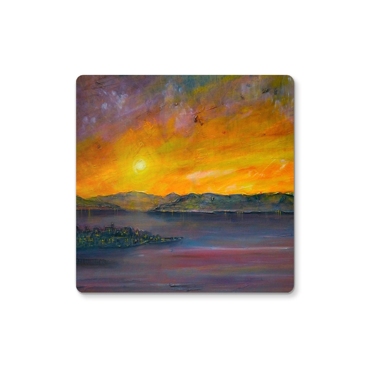 Sunset Over Gourock Art Gifts Coaster-Coasters-River Clyde Art Gallery-4 Coasters-Paintings, Prints, Homeware, Art Gifts From Scotland By Scottish Artist Kevin Hunter