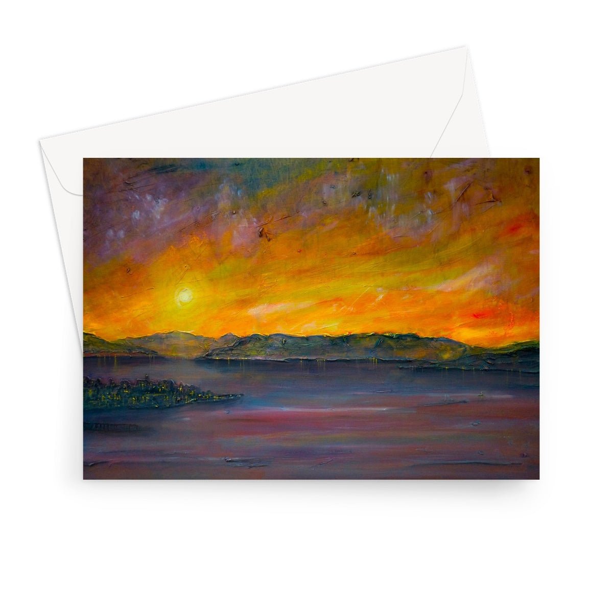 Sunset Over Gourock Art Gifts Greeting Card-Greetings Cards-River Clyde Art Gallery-7"x5"-1 Card-Paintings, Prints, Homeware, Art Gifts From Scotland By Scottish Artist Kevin Hunter