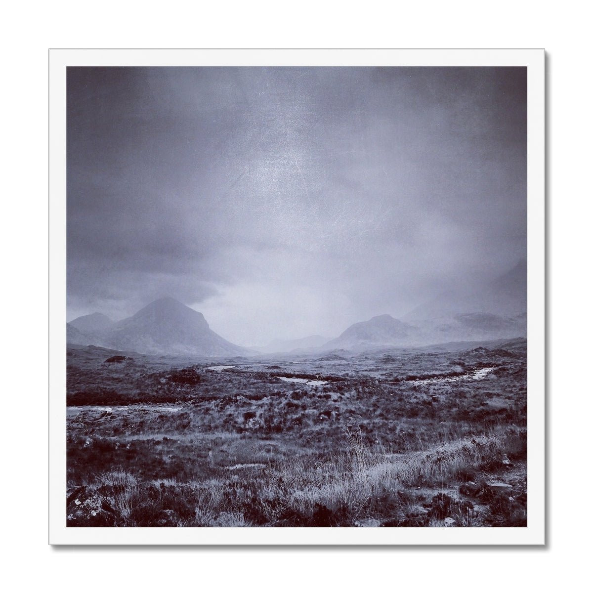 The Brooding Cuillin Skye Painting | Framed Prints From Scotland-Framed Prints-Skye Art Gallery-20"x20"-White Frame-Paintings, Prints, Homeware, Art Gifts From Scotland By Scottish Artist Kevin Hunter