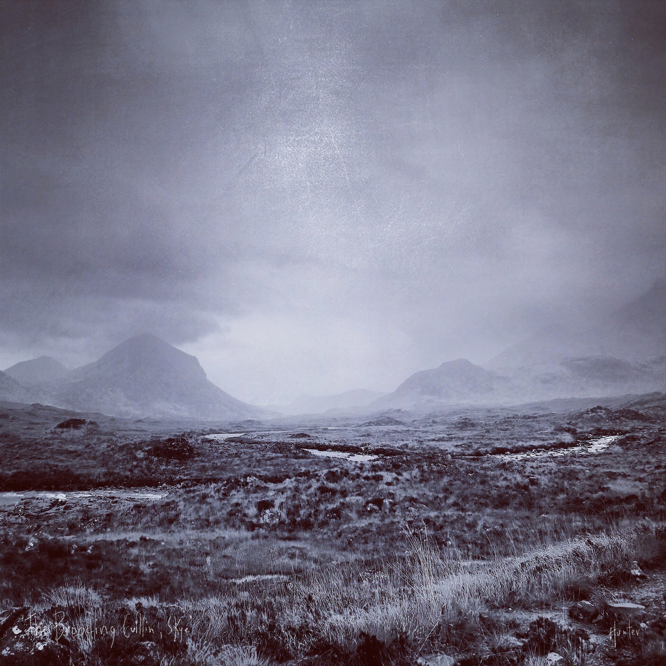 The Brooding Cuillin Skye | Scotland In Your Pocket Art Print-Scotland In Your Pocket Framed Prints-Skye Art Gallery-Mounted & Cello Bag: 12.5x12.5 cm-Black Frame-Paintings, Prints, Homeware, Art Gifts From Scotland By Scottish Artist Kevin Hunter