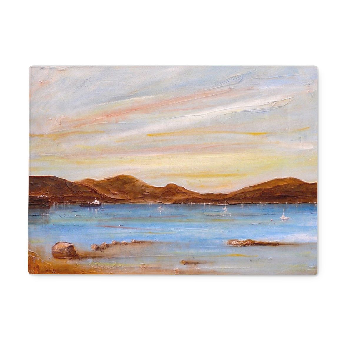 The Last Ferry To Dunoon Art Gifts Glass Chopping Board | River Clyde Art Gallery | Paintings, Prints, Homeware and Art Gifts From Scotland By Scottish Artist Kevin Hunter