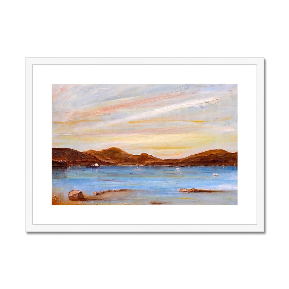 The Last Ferry To Dunoon Painting | Framed & Mounted Prints From Scotland-Framed & Mounted Prints-River Clyde Art Gallery-A2 Landscape-White Frame-Paintings, Prints, Homeware, Art Gifts From Scotland By Scottish Artist Kevin Hunter