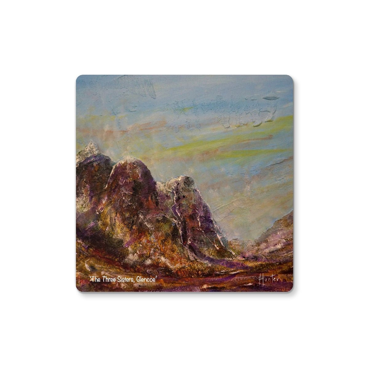 Three Sisters Glencoe Art Gifts Coaster-Coasters-Glencoe Art Gallery-6 Coasters-Paintings, Prints, Homeware, Art Gifts From Scotland By Scottish Artist Kevin Hunter