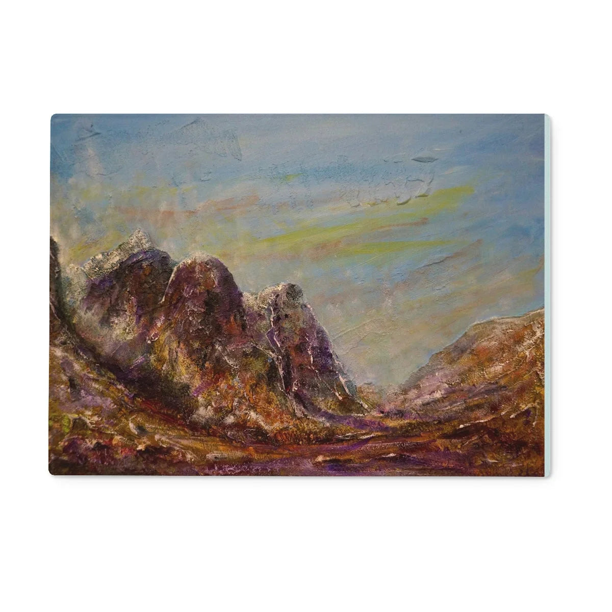 Three Sisters Glencoe Glass Chopping Board - Art Gallery Scotland Worldwide Shipping Scottish Prints and Landscape Paintings by Artist