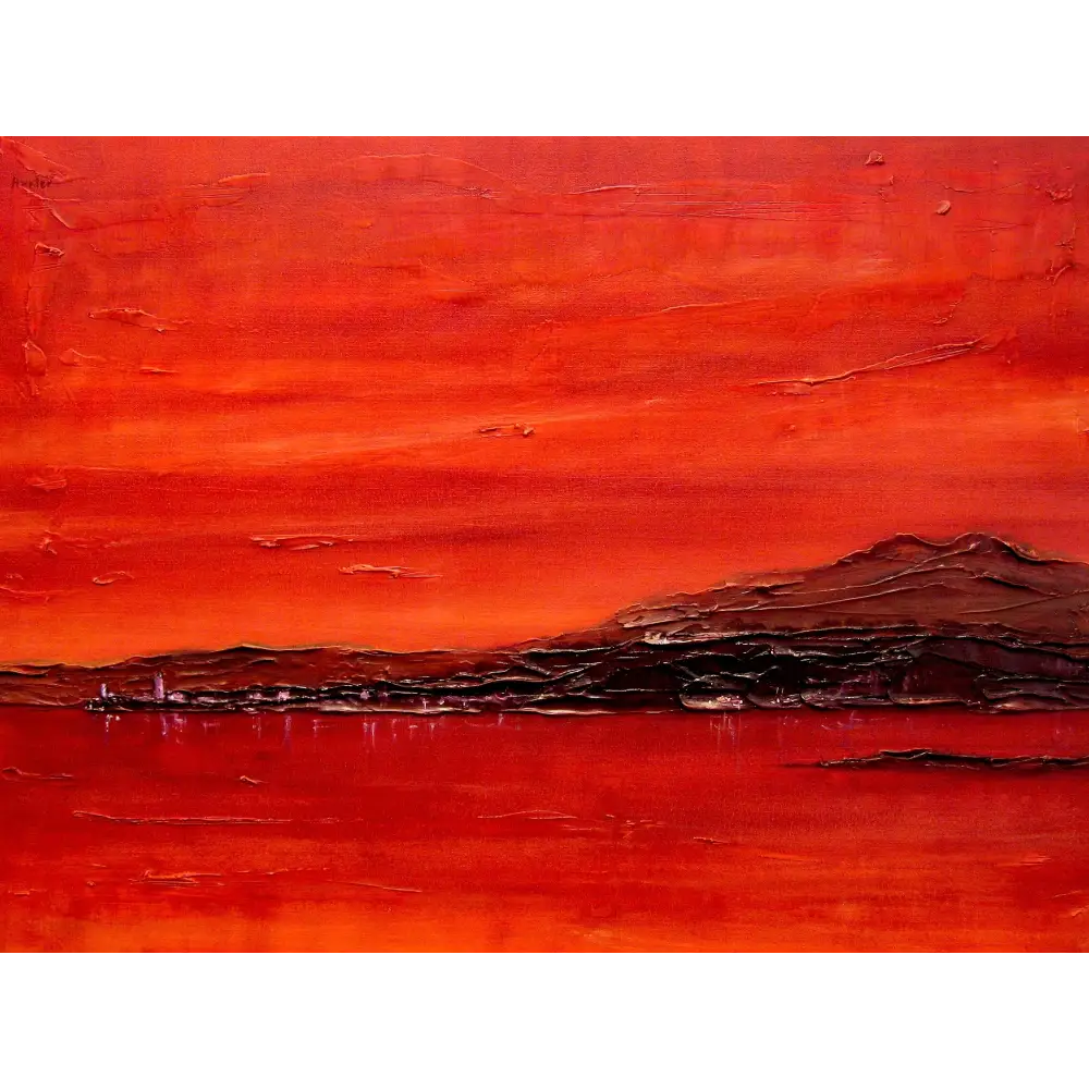 Textured red landscape painting of Toward Point Lighthouse at sunset by Scottish artist