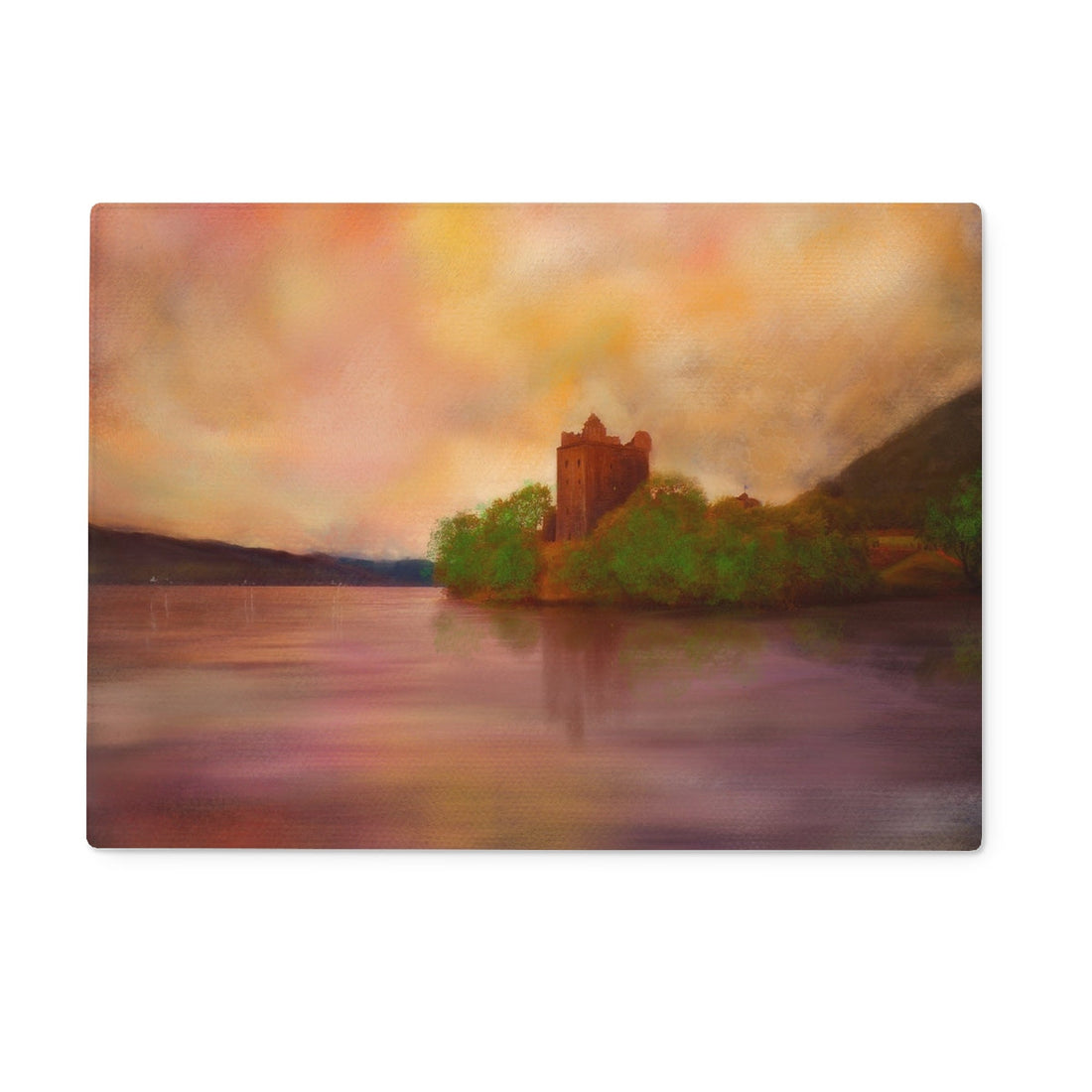 Urquhart Castle Art Gifts Glass Chopping Board | Historic &amp; Iconic Scotland Art Gallery | Paintings, Prints, Homeware and Art Gifts From Scotland By Scottish Artist Kevin Hunter