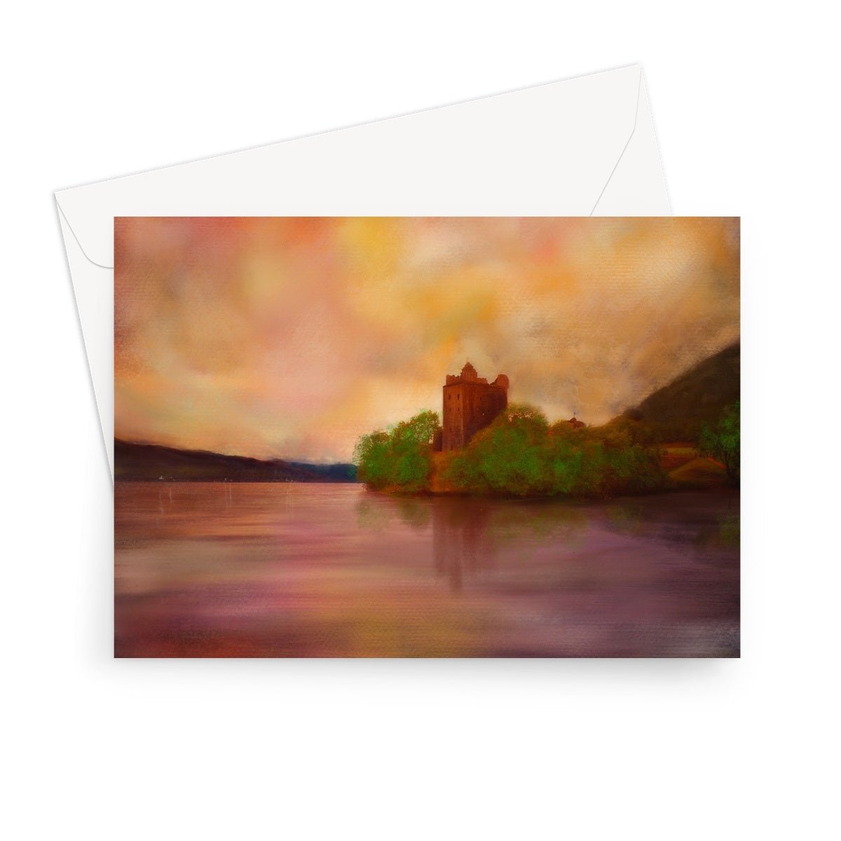 Urquhart Castle Art Gifts Greeting Card-Greetings Cards-Historic & Iconic Scotland Art Gallery-7"x5"-10 Cards-Paintings, Prints, Homeware, Art Gifts From Scotland By Scottish Artist Kevin Hunter