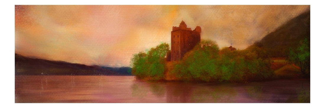 Urquhart Castle Dusk | Panoramic Painting &amp; Art Prints | Historic &amp; Iconic Scotland Art Gallery | Paintings, Prints, Homeware and Art Gifts From Scotland By Scottish Artist Kevin Hunter