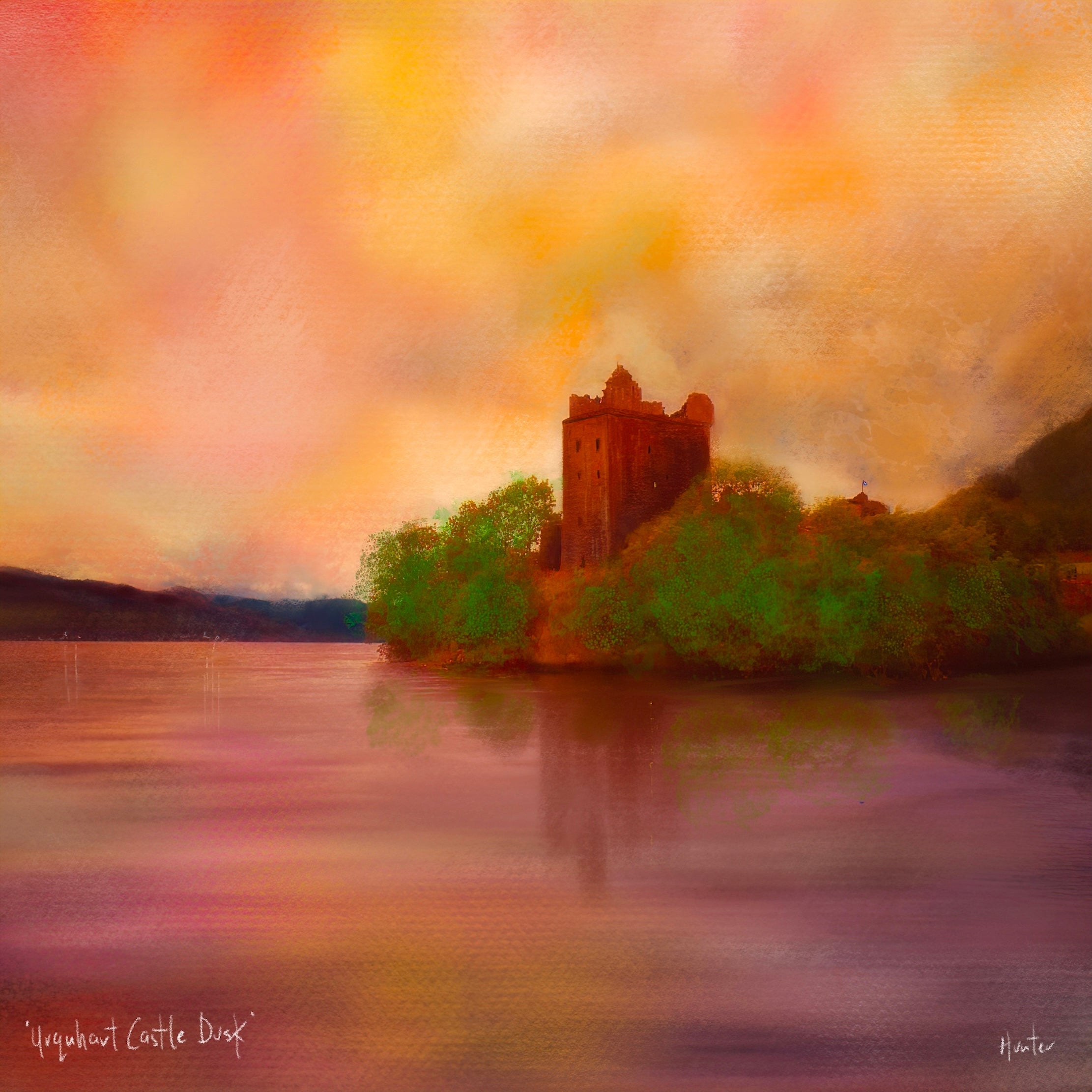 Urquhart Castle Dusk | Scotland In Your Pocket Art Print-Scotland In Your Pocket Framed Prints-Historic & Iconic Scotland Art Gallery-Mounted & Cello Bag: 12.5x12.5 cm-Black Frame-Paintings, Prints, Homeware, Art Gifts From Scotland By Scottish Artist Kevin Hunter