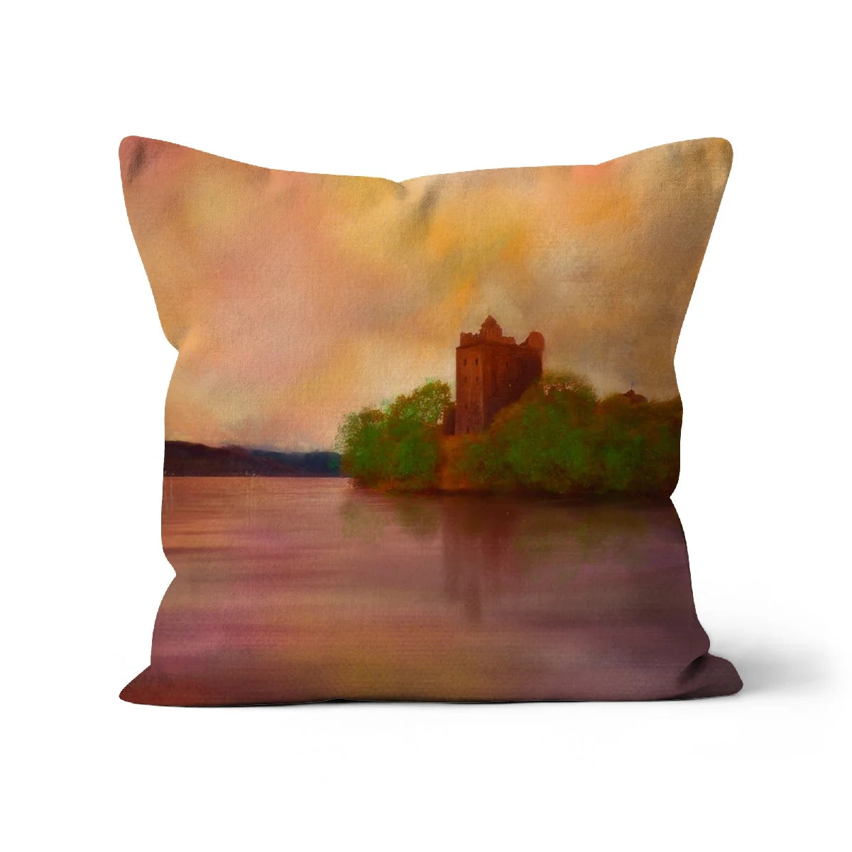 Urquhart Castle Dusk Cushion - Historic & Iconic Art Gallery Scotland Worldwide Shipping Square Pillow Painting Scottish Castles Paintings