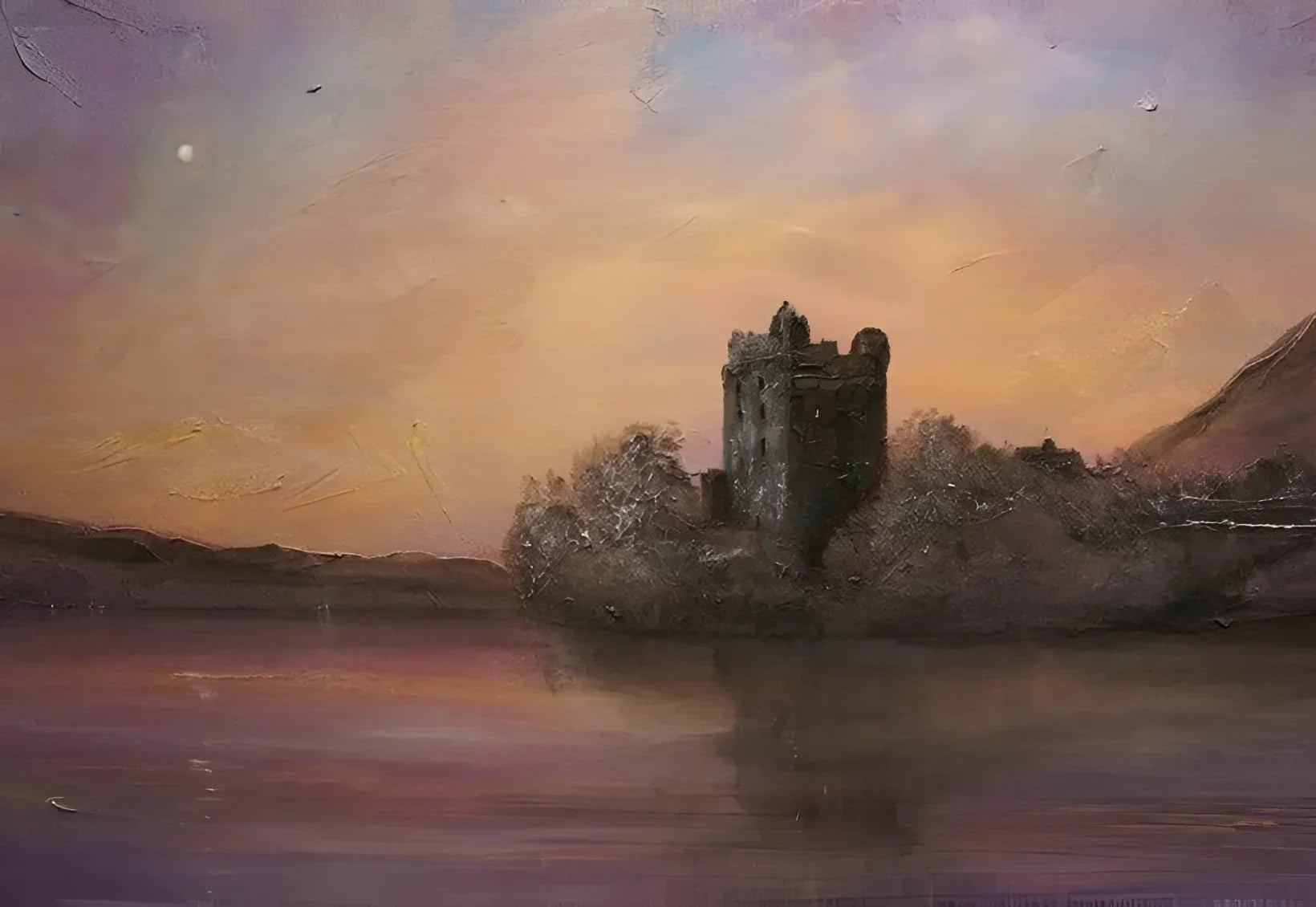 Urquhart Castle Moonlight - Historic & Iconic Art Gallery Scotland Worldwide Shipping Dark Stone Castle Scottish Castles Paintings and Fine
